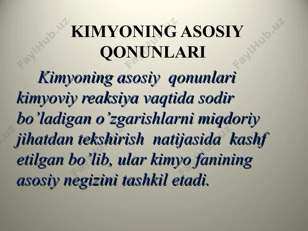 bir xil bo’lishini o’zining juda ko’p tajribalarida isbotlab berdi va 1809 yilda tarkibning doimiylik qonunini quyidagicha ta’rifladi: "har qanday kimyoviy toza birikma, olinish usulidan qat’iy nazar, o’zgarmas sifat va miqdoriy tarkibga ega . masalan, toza suvni bir necha xil usul bilan olish mumkin: 1) vodorod va kisloroddan sintez qilib: 2h2 + o2 = 2h2o 2) neytrallanish reaksiyasi asosida: naoh + hcl = h2o + nacl 3) metanni yondirib: ch4 + 2o2 = co2 + 2h2o 4) kristallogidratni parchalash: cuso4 * 5h2o =5 h2o + cuso4 5) gidroksidlarni qizdirish: cu(oh)2 = cuo + h2o 6) kislotalarni parchalash: h2sio3 = h2o + sio2 7) oksidlar bilan kislotalar reaksiyasi natijasida: zno + h2so4 = znso4 + h2o hosil bo’lgan suvlarning tarkibida 11,11% vodorod va 88,89% kislorod bo’lib, suv 0 o c da muzlaydi, 100 o c da qaynaydi, 4,5o c da zichligi 1 g/sm3 ga teng, o’zgarmas elektr o’tkazuvchanlikka va qovushqoqlikka ega. bu …