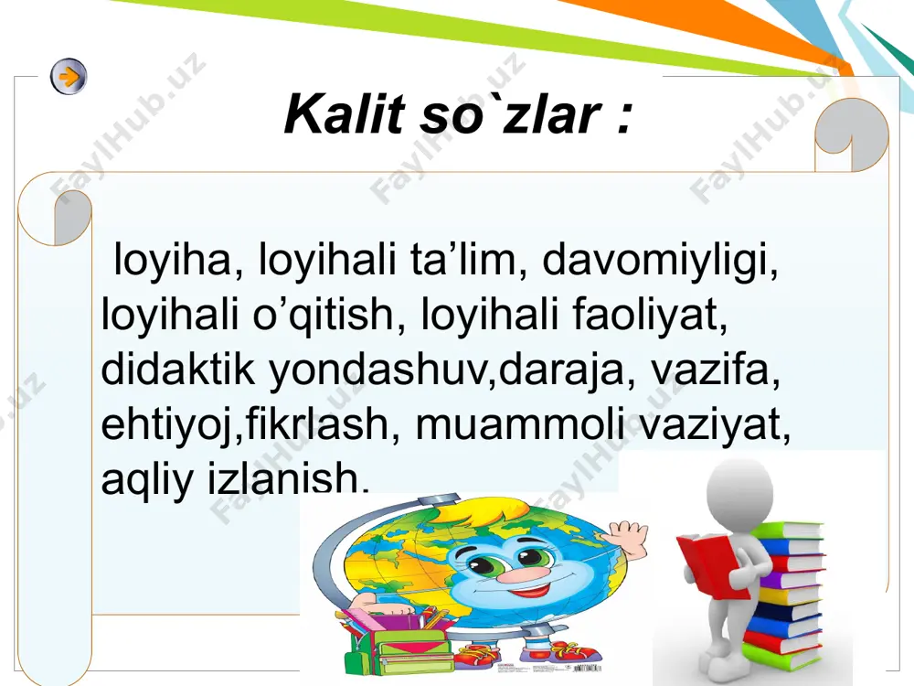 shni bosh maqsad qilib olsa, unda pedagogik jamoaning muammoli ta’lim asosida faoliyat yuritish ko’nikma va malakalarini shakllantirishi zarur. o’quv tarbiyaviy ishlarni takomillashtirish, ta’lim va o’quv – biluv jarayonlariga “muammoli o’qitish” didaktikasini joriy etib borish asosiy ish jarayoniga aylanmog’i kerak. muammoli ta’lim – tarbiya jarayonini faollashtirish, o’quvchilarning o’quv – biluv jarayoniga extiyoji, qiziqishi va hoxishlarini ortirishga sabab bo’ladi. agar o’quvchi muammoli ta’limning mazmun – mohiyatini yaxshi o’zlashtirib olsa, o’quv jarayonining shakl va metodlarini, texnik jixatdan jixozlanishini amalda qo’llay olsa, u o’z – o’zidan muvaffaqiyat keltiradi. o’qituvchining didaktik jixatdan tayyorgarligi juda muhimdir. chunki, muammoli ta’limning nazariy va amaliy jixatlarini atroflicha o’rganish – o’quv jarayonini san’at darajasiga olib chiqish demakdir. u o’z navbatida o’quvchining ta’lim mazmunini to’la o’zlashtirib olishga kafolatdir. muammoli ta’limni muvaffaqiyatli kechish shartlari. 1. o’quv materialini muammolashtirish. 2. o’quvchining faol ishtirok etishini ta’minlash. 3. o’qitishning bola hayoti, yashash, turmush tarzi bilan, mehnati, o’yin bilan o’zaro aloqasini bog’lash. muammoli vaziyatlarni yaratish usullari. …