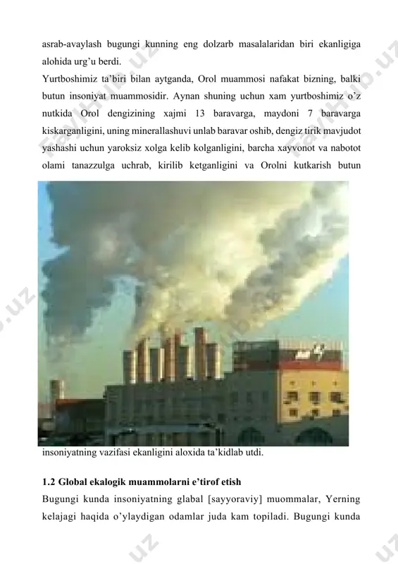 ustriallashga va bu o’z navbatida, atrof-muxitning ifloslanishi hamda qayta tiklanmaydigan tabiiy boylikardan tobora ko’proq foydalinishga olib keldi. demak, ularning har yili ortib borishi qonuniydir. matematiklar uni eksponensial o’sish deb ataydilar. ii bob. global ekalogik muammolarning kelib chiqish sabablari 2.1 tabiat va jamiyat munosabatlarining keskinlashuvi tabiat insonlarning moddiy va ma’naviy talablarini qondiruvchi manbadir. tabiat - bu butun moddiy borliqdir. tabiat va jamiyat bir-biri bilan chambarchas bog’langan yaxlit borliqning ikki bo’lagini tashkil etadi. tabiat va jamiyatning umumiy belgilari bilan bir qatorda o’ziga xos tomonlari ham bor. butun ijtimoiy hayot, ishlabchiqarish, inson va uning ongi tabiat qonunlariga bo’ysunadilar. bu borada jamiyat tabiatning bir qismi. uning sotsial mohiyatini aks cttiradi. jamiyat va tabiat turli yo’nalishlarda doim muloqotda bomadi. tabiiy muhitsiz jamiyat yashay olmaydi. hayot insonni tabiat bilan bog’laydi. insonning yashashi uchun zarur bo’lgan barcha narsalar - ozuqa. kiyim, qurilish matcriallari va boshqalar tabiatdan olinadi. jamiyatda foydalaniladigan barcha narsalar ikki element: tabiat mahsuloti va mehnat …