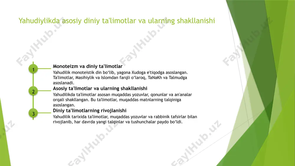 lagan, ularning ramzlari va urf-odatlari mamlakat madaniyatiga taʼsir qilmoqda. jamiyatdagi ijtimoiy roli yahudiylar oʻzbekistonda diniy erkinlik va tolerantlik muhitida yashab, ularning ijtimoiy va madaniy faoliyati, shuningdek, taʼlim va biznes sohalaridagi ishtiroki rivojlanmoqda. xulosa yahudiylik tarixining asosiy bosqichlari yahudiylik qadim zamonlardan boshlab, tarix davomida muhim bosqichlardan o'tib, diniy, madaniy va ijtimoiy rivojlanishni ta'minlagan muhim din hisoblanadi. ramziy elementlar va diniy amallarning ahamiyati marosimlar va ramzlar diniy qadriyatlarni ifoda etadi, jamiyatda birlik va taqvo tuyg'usini mustahkamlab, diniy merosni avloddan-avlodga o'tkazishda muhim rol o'ynaydi. o'zbekistonda yahudiylik madaniyatining rivojlanishi o'zbekistonda yahudiylik madaniy va diniy merosi asrlar davomida rivojlanib, mahalliy madaniyatga moslashgan, diniy amallar va marosimlar orqali davom etib kelmoqda. foydalanilgan adabiyotlar 1. akbarov, a. yahudiylik ta'limoti va tarixiy rivojlanishi. o'zbekiston milliy ensiklopediyasi, 2010. 2. beknazarov, s. an'anaviy diniy marosimlar va ularning mazmuni. toshkent davlat universiteti nashriyoti, 2015. 3. o'zbekistonning madaniy merosi va yahudiylik ta'siri. madaniyat va tarix, 2018. 4. nurullayev, a. yahudiy diniy marosimlar …