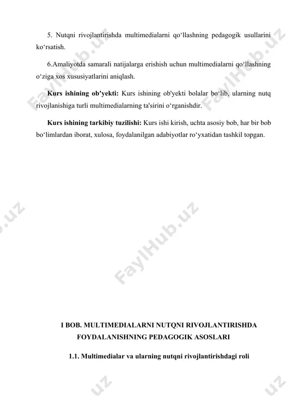 k va leksik jihatlari o'rgatiladi. bunday materiallar bolalarning tasavvurlari va ijodkorliklarini rivojlantirishga yordam beradi, ular nutqni faqat eshitib o'rganishdan tashqari, ko'rish, tinglash va amaliyotda qo'llash orqali yanada samarali o'rganish imkoniyatiga ega bo'lishadi. nutqni rivojlantirishda multimedialarning o'rni juda katta. multimedialar yordamida ta'lim jarayonini qiziqarli va interaktiv qilish, bolalarning diqqatini uzoq vaqt davomida ushlab turish, ularning nutqiy ifodalarini shakllantirishda samarali yondashuvlar yaratadi. shuningdek, multimedialarning bolalar o'rtasida so'zlashuv ko'nikmalarini rivojlantirishda bevosita yordam berishi, shu bilan birga, ularning badiiy tasavvurlarini shakllantirishda, vizual va audiovizual ko'nikmalarini rivojlantirishda muhim o'rin tutadi. bugungi kunda, nutqni rivojlantirishda multimedialar orqali quyidagi yondashuvlarni qo'llash mumkin: interaktiv o'yinlar va dasturlar: bolalarga nutqni o'rgatishda interaktiv o'yinlar va dasturlar yordamida turli vazifalar berish, ularning mantiqiy tafakkurlarini rivojlantirish va nutqni shakllantirishda foydalanish. video materiallar va animatsiyalar: nutqni o'rgatishda tasvir va ovozli materiallarni ishlatish, bolalarga har xil mavzularda video materiallar ko'rsatish, ularning so'zlashuv ko'nikmalarini rivojlantirishda yordam beradi. audiovizual vositalar: multimedialar yordamida audiovizual vositalarni qo'llash, bolalarning …