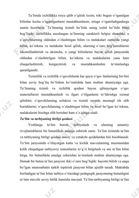 an mavzuning ilmiy va tarbiyaviy mohiyati ochib berilishi, ta‘lim jarayonida hadis, hikmtlardan foydalanish imkoniyatini yaratilishi; v) bayon qilinayotgan ilmiy bilimlarning puxta va mustahkam o’zlashtirilishi va turmushda unga amal qilinishi; g) ta‘limda muammoli jarayonni vujudga keltirish, o’quvsilarning qiziqishlari, aktivlik va tashabbuskorliklarini ta‘minlashga e‘tiborni kuchaytirish; d) ta‘lim jarayonida o’quvchilarning uyushqoqlik, intizomlilik va javobgarlikni sezish, o’zaro yordam hislarini tarbiyalashni ta‘minlamoq zarur. ta‘limda onglilik, faollik va mustaqillik qoidasi. ushbu qoida o’qitishni shunday tashkil etishni nazarda tutadiki, bunda o’quvchilar ilmiy bilimlarni hamda ularni amalda qullash usullarini ongli va faol egallab olishadi. ularda ijodiy tashabbuskorlik va o’quv faoliyatida mustaqillik, tafakkur, nutq madaniyati va ilmiy dunyoqarash, e‘tiqod tarkib topadi. o’qitish jarayonida onglilik va faollik qoidasi o’quvchilarda tafakkur va nutqni rivojlantirishni nazarda tutadi. ta‘lim jarayonida o’quvchilar faolligi, avvalo ularning aqliy faoliyati – tafakkur qilish faoliyatidir. shunga ko’ra, ta‘limni ongli o’zlashtirish qoidasi, bir tomondan, o’quvchilarning mustaqil, faol fikrlashlarini nazarda tutsa, ikkinchi tomondan, aynan shu jarayon davomida o’quvchilarning mustaqillik va …