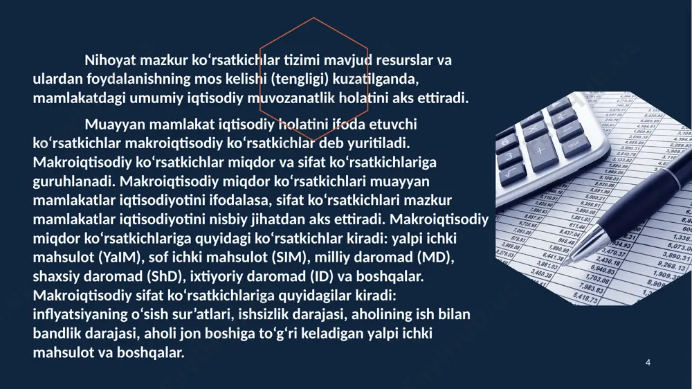 1-jadval 9 9 2013 yilda o'zbekiston respublikasining makroiqtisodiy ko'rsatkichlari | ko'rsatkichlar | mln. so'm | | yalpi ichki mahsulot | 118986,9 | | sanoat mahsuloti | 61105,8 | | qishloq xo'jaligi mahsuloti | 30849,4 | | asosiy kapitalga investitsiyalar | 27557,3 | | aqsh dollari ekvivalentida (mln) | 13152,3 | | qurilish | 15080,8 | | yuk tashish, mln. t | 1387,3 | | yo'lovchilar tashish, mln. kishi | 6988,0 | | chakana tovar aylanmasi | 47463,7 | | eksport, mln. aqsh doll. | 15087,2 | | import, mln. aqsh doll. | 13798,8 | | sado, mln. aqsh doll. | 1288,4 10 10 milliy daromad milliy daromad – bu, milliy ishlab chiqarishdan olingan daromad yoki ijtimoiy ishlab chiqarishdagi barcha daromad turlarining yig‘indisidir. yalpi milliy daromad quyidagicha hisoblanadi: yamd = yaim + horijdan olingan omilli daromadlar - horijliklarning ushbu mamlakat hududidan olgan omilli daromadlari shaxsiy daromad va milliy daromadning bir-biridan shunisi …