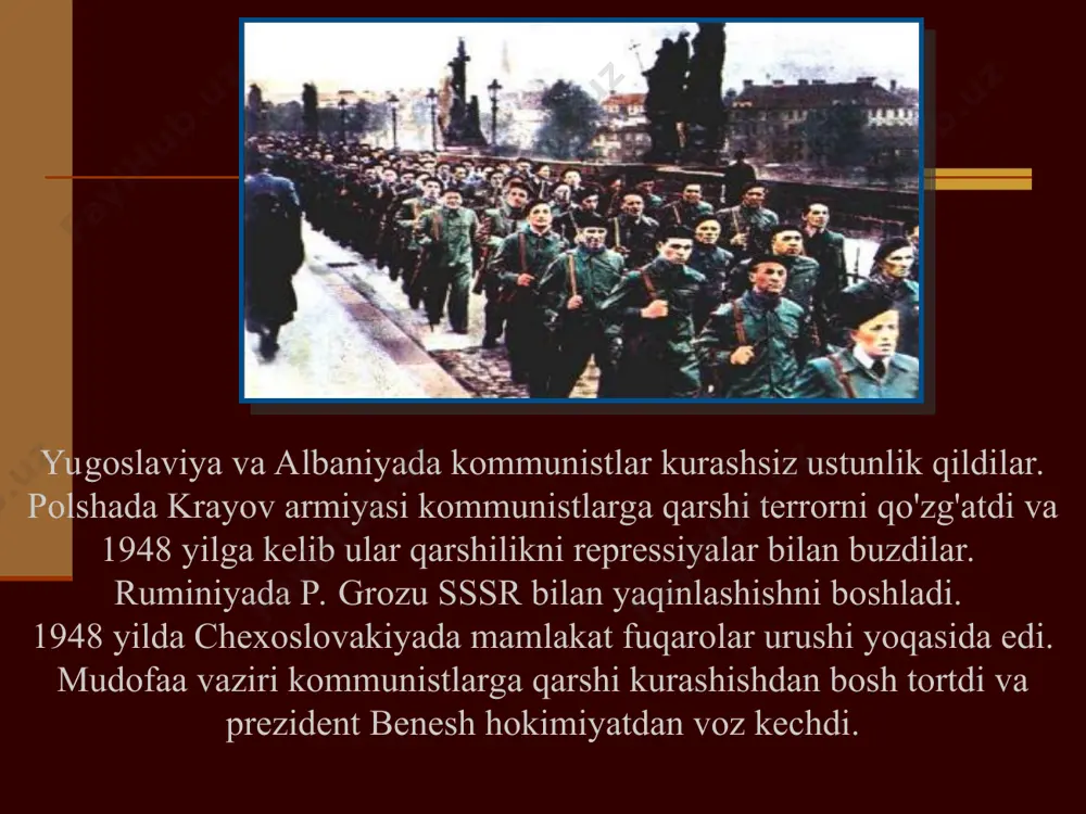 lari bekor qilindi. 1969 yil aprel a. dubchek iste'foga yuborildi, g. gusak esa chexoslovakiya rahbari bo'ldi. praga ko'chalarida sovet tanklari praga bahori bozor munosabatlari cheklash iqtisodiyotni boshqarishda ma'muriy buyruqbozlik usullarga qaytish dissidentlarning paydo bo'lishi va ularni ta'qib qilish boshliqlarning shaxsiyatiga sig'inishni shakllantirish 1970 – yillar-1980 – yillarning oxiri-totalitarizmning kuchayishi sanoatni yangilash maqsadida g'arb mamlakatlaridan kredit olish tashqi qarzning paydo bo'lishi iqtisodiy rivojlanish sur'atlarining pasayishi rejalashtirilgan vazifalarni buzish 1970-yillarda iqtisodiy ahvolning yomonlashishi. ijtimoiy muammolarning paydo bo'lishi: ishsizlik, inflyatsiya, tovar tanqisligi millatlararo nizolarni hal qilish tinchlik yo'li: chexiya va slovakiya (1.01.1993) yugoslaviyaning maxsus yo'li yfri prezidenti iosif broz tito "o'zini o'zi boshqaradigan sotsializm" самоуправление трудовых коллективов выборные советы рабочих передача планирования из центра на места bozor munosabatlariga e'tibor qishloq xo'jaligida ½ - yakka tartibdagi tadbirkorlar demokratiyaning yetishmasligi bir partiyali rejim partiya rahbarining cheksiz shaxsiy kuchi tito - stalin to'qnashuvi yugoslaviyaning maxsus yo'li i bosqich sotsializmni yangilash harakati siyosiy erkinliklarni e'lon qilish ko'p …