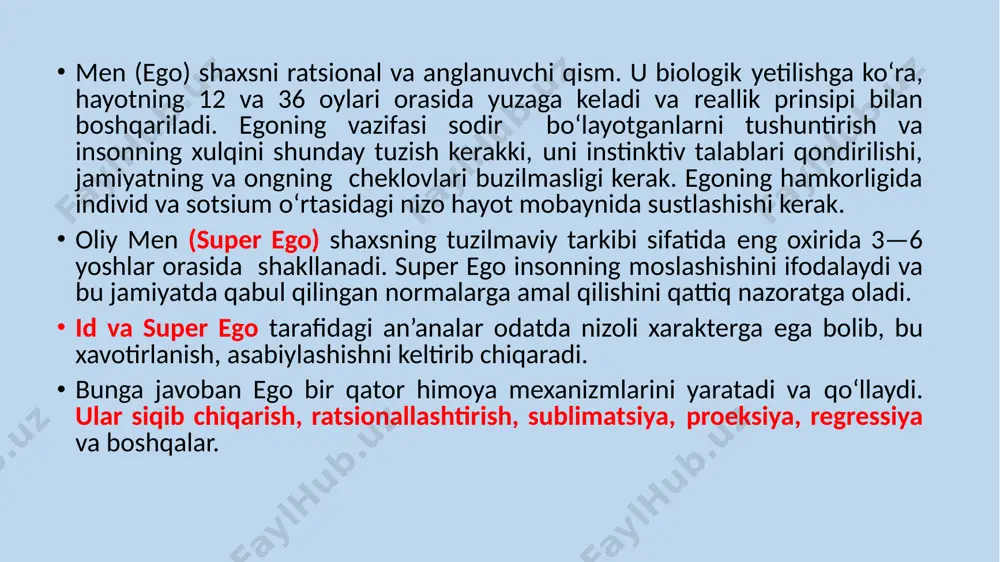 nsonlar yaxshi moslashmay qoladilar, chunki ular emotsional energiyalarining ko‘pini xavfni nazorat qilish va o‘zi haqidagi yolg'on tasavvurlarini saqlab qolishga harakat qiladi. shunga qaramay himoya mexanizmlarini foydasi mavjud. ular ko‘pincha xavfni yengib olishga yordam beradi. bizda xavfdan samarali qutulish va muammoga diqqatni qaratishga vaqt paydo boladi. agar siz bizning aytganlarimizdan o‘zingizga taalluqliligini olgan bolsangiz, bu siz o‘zingizni faqatgina himoya qilaverasiz degani emas. avval ta’kidlaganimizdek, hamma ham himoya mexanizmlarini qo‘llab turadi. himoya mexanizmlarining ikkita asosiy tavsifnomalari mavjud: 1. reallikni rad etish yoki buzish. 2. ongsiz darajadagi faoliyat. ko'pincha odamlar himoya mexanizmlarini bitta turini emas, balki ularni kompleks tarzda qo‘llashni ma’qul ko‘radilar. bundan tashqari ko‘pchilik insonlarda bitta mexanizmlarni boshqasidan afzal ko‘rish moyilligida, ya’ni xuddi ularning qollanilishi odat tusiga aylangandek tuyuladi. psixologik himoya mexanizmlarining turlari: 1. siqib chiqarish — bu yoqimsiz fikr, istak yoki tuyg‘ularni ongsiz, beixtiyor ravishda chiqarib tashlash jarayoni. z.freyd motivatsion unutish orqali himoya mexanizmini toliq ifodalab bergan. u simptomlarning shakllanishida muhim …