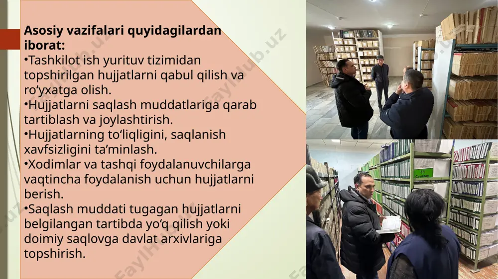 a va to‘g‘ri ishlatilsa, bu tashkilot faoliyatining tartibli va huquqiy asosda yuritilishiga xizmat qiladi. shu bois, har bir xodim arxiv hujjatlariga ehtiyotkorlik bilan munosabatda bo‘lishi, ulardan foydalanishda belgilangan tartib-qoidalarga qat’iy rioya qilishi lozim. thanks image1.jpeg image2.jpeg image3.jpeg image4.jpeg image5.jpeg image6.jpeg image7.jpeg image8.jpeg /docprops/thumbnail.jpeg