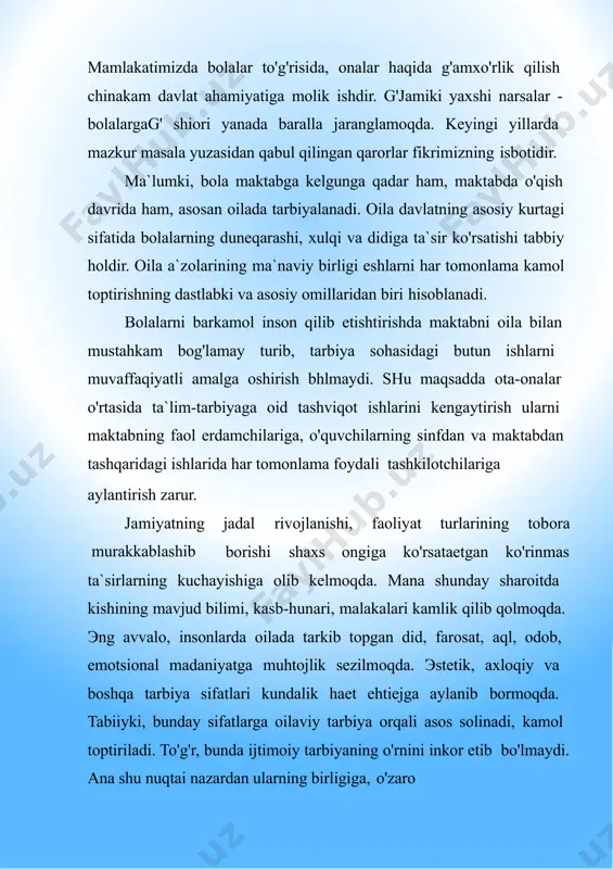 naydi. chunki ota-onalarning faolligi oilaviy haetda o'z ifodasini topadi. shu ma`noda bolalar o'z ota-onalarining siesiy va fuqarolik qiefalariga qarab o'z xulq-atvorlarini tartibga soladilar, hurmatlarini joyiga qo'yadilar. bolalar ulg'aya boshlashi bilanoq o'z ota-onalarining qaerda ishlashlari, jamiyatda tutgan o'rinlari, ularning bilimiga qiziqa boshlaydilar. shuning uchun ham ota-onalarning nimalarga qiziqishlarini, kimlar bilan safdosh ekanliklarini bolalar mumkin qadar ertaroq bilganlari ma`qul. ota-ona qanday ishda bo'lmasin uni jiddiy, el hurmatiga loyiq bir ish deb biladigan bo'lishi kerak. bu borada oiladagi tarbiyaning maqsadga muvofiq tashkil etilishi yuzasidan javobgarlik ma`lum darajada maktabga yuklanadi. oiladagi hukmronlikning tarbiyaviy jihatdan to'g'ri bo'lishini ta`minlash maktabning muhim vazifalaridan biridir. oilaviy tarbiyaning mazmunli tashkil etilishiga dastlabki ta`sirni maktab belgilaydi. maktabgina oilaviy tarbiya samaradorligini oshirish yuzasidan rahbarlik qila oladi. bu vazifalarning muvaffaqiyatli bajarilishida, ijobiy hal etilishida ota-onalar o'rtasida olib boriladigan tarbiyaga oid targ'ibotning roli benihoyadir. chunki ota-onalarni hozirgi zamon ruhiy-ta`lim-tarbiyaviy bilimlar bilan qurollantirmay turib, oilaviy tarbiyani yo'lga qo'yib bo'lmaydi. ommaviy-tarbiyaviy targ'ibotda eng yaxshi oilalar …