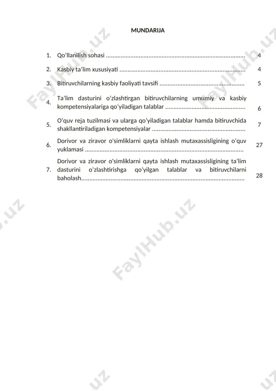 xsat beriladi va mazkur kvalifikatsiyani muvaffaqiyatli o‘zlashtirganlarga belgilangan tartibda sertifikat beriladi. 2.2. ruhiy-fiziologik fazilatlar minimumi: kuzatuvchanlik, diqqatni bir joy qaratish, fikrni jamlash, qo‘l-oyoq harakatini jarayonga moslashtirish, har tomonlama tez fikrlash va faraz qilish, yorug‘likni sezish, faol va tez xotirlash, harakat xotirasi va moslashuvchanlik. 2.3. ta’limni davom ettirish imkoniyatlari. 50811101-dorivor va ziravor o'simliklarni qayta ishlash mutaxassisi keyinchalik kasbiy ta’limini chuqurlashtirish maqsadida: · kadrlar malakasini oshirish tizimida, tarmoq o‘quv muassasalarida va maxsus kurslarida malakani oshirishi; · kasbiy faoliyatning tegishli sohasida yanada yuqoriroq malakaga erish maqsadida oliy ta’lim muassasasida o‘qishni davom ettirishi mumkin. 2.4. o‘qishga qabul shartlari. o‘qishga qabul shartlari amaldagi qonunchilik asosida amalga oshiriladi. 3. bitiruvchilarning kasbiy faoliyati tavsifi 3.1. bitiruvchining kasbiy faoliyat sohasi: mavsumiy ekinlar yetishtirish, ziravor, xushbo‘y, kuchli ta’sir qiladigan va farmatsevtika ekinlarini yetishtirish, ko‘p yillik ekinlarini yetishtirish 3.1. bitiruvchining kasbiy faoliyat obyektlari: · dorivor o‘simliklar mahsulotini qayta ishlash; · dorivor mahsulotlarini yetishtirish; · dorivor o‘simliklar xomashayosini yig‘ish; · dorivor …