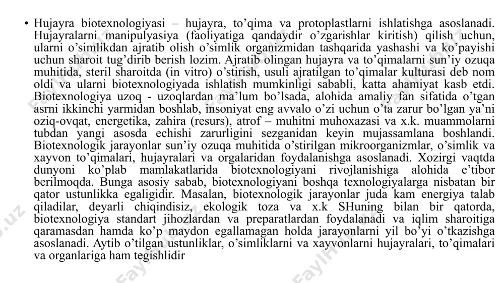 luvchi eritmani ta’sirini kuchaytirishi bilan ham bog’liq. o`simlik kurtaklari va meristema hujaralarini ajratib olish mumkin bo`lgan qismlari! ozuqa muhiti ajratib olingan hujayralar va to’qimalarni o’stirish uchun mo’ljallangan ozuqa muhitlari, o’simliklarni yaxshi o’sishi uchun kerak bo’lgan barcha makroelementlar (azot, fosfor, kaliy, kalsiy, magniy, oltingugurt va boshqalar) va mikroelementlar (bor, marganes, rux, mis, molibden va boshqalar) hamda vitaminlar, uglevodlar, fitogormonlar yoki ularni sintetik analoglarini saqlashi kerak. ba’zi ozuqa muhitlari aminokislotalar, kazsin gidrolizoti, edta (etilendiamintetrasirka kislota) yoki uni natriyli tuzi (bu tuz temirni hujayra kirishiga yordam beradi) va boshqa kerakli moddalar saqlaydi. kallus to’qima olish uchun, alohida hollarda oziqa muhitiga kokos yong’og’ini (kakos suti), kashtan daraxtini endospermasini qo’shiladi. karbon suvlar ozuqa uchun eng kerakli kompopenentlar hisoblanadi. bunga sabab, ko’p hollarda ajratib olingan hujayra va to’qimalarni avtotrof oziqlanishga qurblari etmaydi. karbon suv sifatida ko’proq 2-3 % li saxaroza yoki glyukoza eritmasidan foydalaniladi. fitogormonlar hujayralarni tabaqalanishi (dedifferensirovki) va hujayra bo’linishini kuchaytirish (induksiya) uchun kerak. shuning …