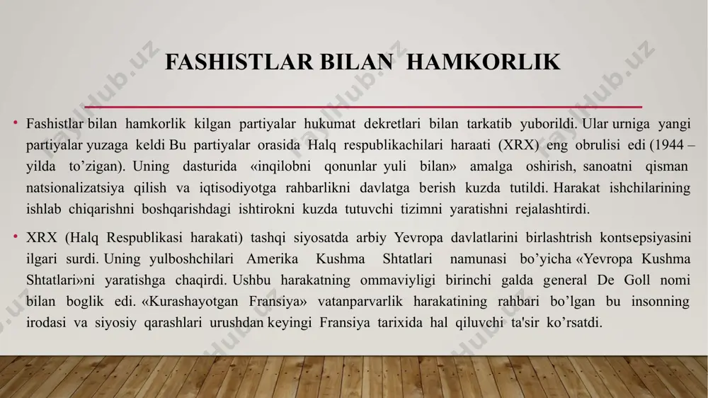 shga qaror qildi. 1946 yil dеkabrda frantsuz mustamlaka hukumati vеtnamnin xo shi min rahbarligida rеspublika dеb e'lon kilgan vatanparvar kuchlarga qarshi urush boshladi. bu urush 8 yil davom etdi va 1954 yili fransiya maglubiyati bilan yakunlandi. vеtnamdagi kurash tinchimasdan turib fransiya jazoirda mustamlakachilik urushini boshlab yubordi. bu eng konli va bеshafkat mustamlakachilik urushlaridan biri bo’lib, baribir fransiyaning yana bir bor maglubiyati bilan yakun topdi. fransiyaning angliyalik intеrvеntlar bilan yaqin sharqda suvaysh kanali xududidagi yangi harbiy avantyurasi ham еngildi. u buyuk davlat roli uchun zaiflik qildi. endilikda fransiya yevropada uz pozitsiyasini mustaxkamlash uchun ushbu mintaqadagi buyuk davlatlar bilan ittifoqchi bo’lishga qaror qildi. turtinchi rеspublikaning butun siyosati yevropani birlashtirish bilan boglik edi. 1958 yil may oyidagi hukumat inqirozi 1958 yil may oyida navbatdagi hukumat inkirozi ruy bеrdi. parijda harbiy galayon tayyorlanardi. bu esa dеmokratik kuchlarning noroziligiga sabab bo’ldi. 1958 yil 28 may kuni yuz minglab kishilar harbiy diktatura o’rnatilishiga qarshi norozilik bildirib …