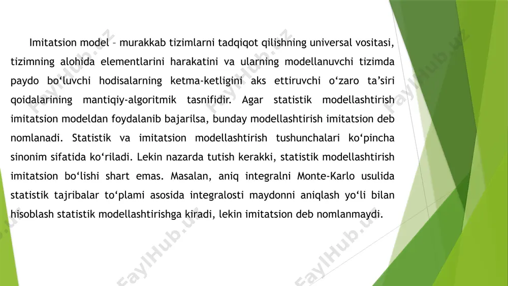 dellashtirishda oxkt ko‘rinishidagi bazaviy modellar keng qo‘llaniladi, ular quyidagicha klassifikatsiyalanadi: xotira qurilmasidagi joylar soni bo‘yicha; xizmat ko‘rsatuvchi qurilmalar soni bo‘yicha; oxkt ga tushuvchi buyurtma klasslari soni bo‘yicha. oxkt xizmat ko‘rsatuvchi qurilmalari soni bo‘yicha quyidagilarga bo‘linadi: bir kanalli (2 a,b,c-rasm), bitta п qurilmadan iborat; ko‘p kanalli (2 d-rasm), k ta xizmat ko‘rsatish qurilmalari п1,...,пk (k>1) dan iborat. bir kanalli oxkt ni xotiralar bo‘yicha turlarga ajratishimiz mumkin: cheksiz xotirali va chekli xotirali (3 a,b - rasm). m/m/1 va m/m/1/k tizimlarini markov jarayonlari m/m/1 tizimlarida markov jarayoni bo‘yicha quyidagi ko‘rsatkichlarini aniqlashimiz mumkin: oxkt dagi kelib tushuvchi talablarni o‘rtacha soni oxkt da talablarni o‘rtacha bo‘lish vaqti xotiradagi talablarni o‘rtacha soni xotirada talablarni o‘rtacha kutish vaqti m/m/1/k tizimlarida markov jarayoni bo‘yicha quyidagi ko‘rsatkichlarini aniqlashimiz mumkin: talablarni o‘rtacha yo‘qotish ehtimolligi oxkt dagi kelib tushuvchi talablarni o‘rtacha soni ushbu amaliy jarayonlarni amalga oshirishda topshiriqlari 1 – jadval asosida taqdim etiladi. m/m/1 modelini hosil qilgan holda nq o‘rtacha …