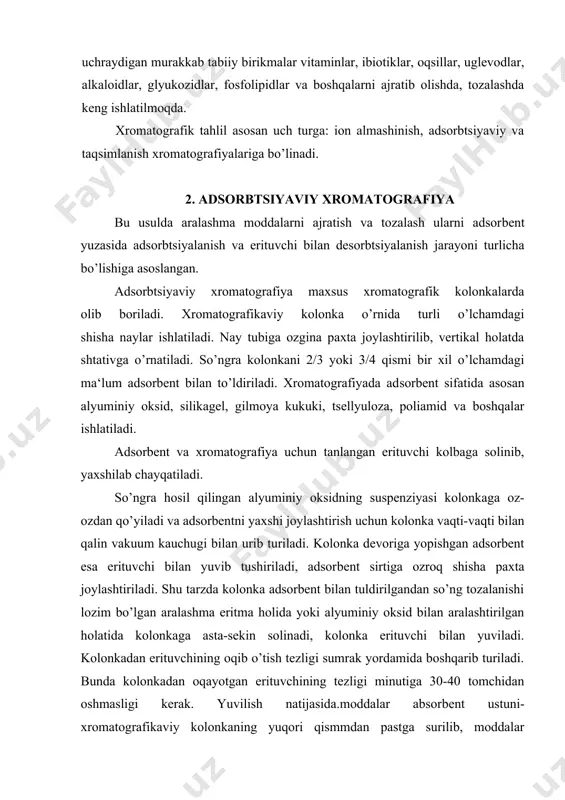 tirilgan. bu qator erituvchilarning elyuotrop qatori deyiladi. eng kuchli adsorbilangan moddalar ko’pincha etil yoki metil spirt bilan yuviladi. 2-jadval erituvchilarning elyuotrop qatori petroley efir xloroform etil spirt tsiklogeksan etil efir metil spirt uglerod sulfid tetragidrofuran suv uglerov iv xlorid aueton sirka kislota dixloretan metil etil keton piridin benzol n-butil spirt 3. qog’oz xromatografiyasi taqsimlanish xromatografiyasining bu turi murakkab aralash modda​lar (oqsillar, uglevodlar, garmonlar va boshqa tabiiy birikmalar) ni tahlil qilishda keng qo’llaniladi. bu xromatografiya uchun maxsus fil​tr qog’ozlardan foydalaniladi, qog’oz xromatografiyasida, qog’ozda do​imo adsorbtsiyalangan holda bo’lgan suv surilmaydigan faza, qog’ozning o’zi zsa adsorbent vazifasini bajaradi. oldindan suv bilan to’yintirilgan erituvchilar yoki erituvchilar aralashmasi ham surtuvchi faza hisoblanadi. bu xromatografiyani erituvchining yo’nalishiga qarab yuqoriga suriluvchi, pastga suriluvchi ikki tomonlama hamda gorizontal - aylanma xromatografiya turlari bor. quyida, amalda keng qo’llaniladigan yuqoriga suriluvchi qog’oz xromatografiyasining ish texnikasi bilan tanishib chiqamiz. maxsus xromatografikaviy qog’oz eni xromatografiya uchun ishlatiladigan tsilindrning diametridan bir oz kichiq, …