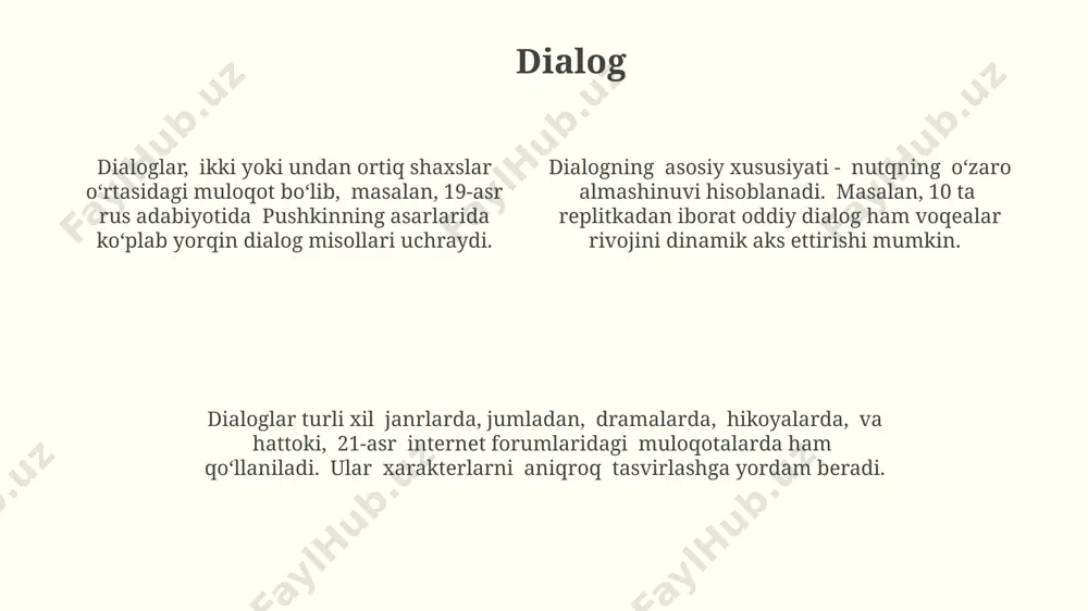 n, shekspirning “hamlet” asarida 20 dan ortiq uzun monologlar mavjud boʻlib, aktyorlarning sahnadagi 2-3 daqiqalik chiqishlarini oʻz ichiga oladi. badiiy nutq badiiy nutqda obrazlilikni yaratishda 20 dan ortiq badiiy vositalar, jumladan, metafora, epitet va giperbola kabi vositalar qo‘llaniladi va bu vositalar asar mazmunini 3-4 barobar boyitadi. 19-asr oxiri va 20-asr boshlarida o‘zbekistonda badiiy nutqning rivojlanishiga abdulla qodiriy va cho‘lpon kabi 50 dan ortiq adiblar katta hissa qo‘shgan, ularning asarlari hozir ham o‘qiladi. badiiy nutqning asosiy 3 turi – lirika, epika va drama bo‘lib, ularning har biri o‘ziga xos 10 dan ortiq uslubiy xususiyatlarga ega va dunyoning turli burchaklarida, masalan, o‘zbekiston va rossiyada keng tarqalgan. e'tiboringiz uchun rahmat @taqdimot_robot