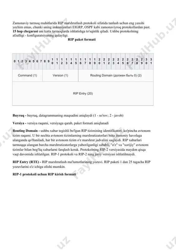 guratsiyaning qulayligi. rip paket formati 0 1 2 3 4 5 6 7 8 9 10 11 12 13 14 15 16 17 18 19 20 21 22 23 24 25 26 27 28 29 30 31 command (1) version (1) routing domain (doljen bit 0) (2) rip entry (20) buyruq - buyruq, datagrammaning maqsadini aniqlaydi (1 - so'rov; 2 - javob) versiya - versiya raqami, versiyaga qarab, paket formati aniqlanadi routing domain - ushbu xabar tegishli bo'lgan rip tizimining identifikatori; ko'pincha avtonom tizim raqami. u bir nechta avtonom tizimlarning marshrutizatorlari bitta jismoniy havolaga ulanganda qo'llaniladi, har bir avtonom tizim o'z marshrut jadvalini saqlaydi. rip xabarlari tarmoqqa ulangan barcha marshrutizatorlarga yuborilganligi sababli, "o'z" va "xorijiy" avtonom tizimlar bilan bog'liq xabarlarni farqlash kerak. protokolning rip-2 versiyasida maydon qisqa vaqt davomida ishlatilgan. rip-1 protokoli va rip-2 ning joriy versiyasi ishlatilmaydi. rip entry (rte) - rip marshrutlash ma'lumotlarining yozuvi. rip paketi 1 dan …