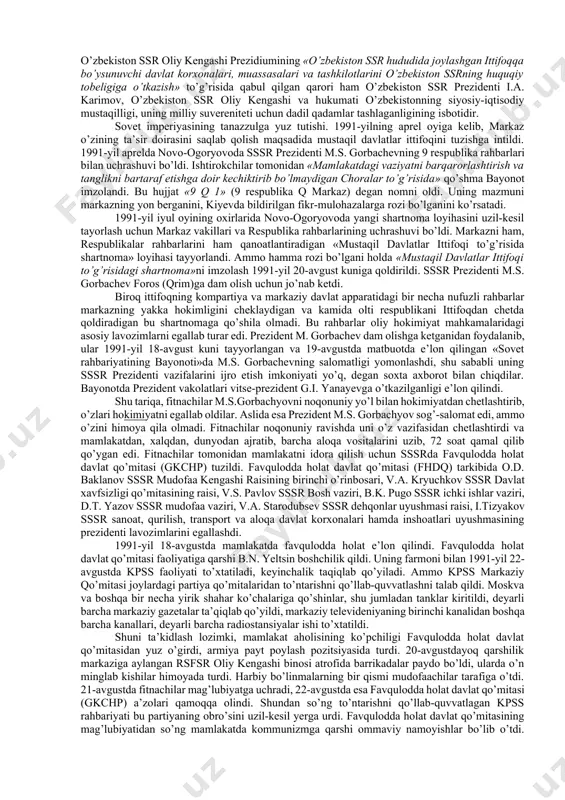 ka va parkent, 1990-yil iyunda o’sh va o’zganda ham shunday urinishlar bo’ldi. yovuz kuchlar o’z maqsadiga erisha olmadilar. o’zbekistonning yangi rahbariyati tomonidan ko’rilgan chora-tadbirlar natijasida keskinlik bartaraf qilindi. xx asr 90-yillariga kelib jahon va sobiq ittifoqdagi o’zgarishlar hamda yuzaga kelgan vaziyat o’zbek xalqining mustaqillik uchun bo’lgan kurashini tezlashtirib yubordi. bu o’rinda o’zbekiston kompartiyasi markaziy komitetining 1989-yil 23-iyundagi plenumi va unda islom karimovning birinchi kotib etib saylanishi juda katta ahamiyat kasb etdi. ushbu anjumanda i. karimov o’zbekistonning sobiq ittifoqda tutgan o’rni va rolini aniq-ravshan belgilab berdi, madaniy merosni va tarix haqiqatini tiklash, milliy urf-odatlar va an’analarni rivojlantirish obyektiv zarurat ekanligini isbotladi. o’zbek tili-davlat tili. respublika jamoatchiligi tomonidan allaqachon o’zbek tiliga davlat tili maqomini berish masalasi ko’tarilgan edi. o’zbekistonning sobiq rahbariyati bu masalaga avvallari millatchilik, mahalliychilik deb qarardi, keyinchalik o’zbek va rus tilini teng mavqega ko’tarishga urindi, shu yo’sinda ikki tillik haqidagi qonun loyihasini o’tkazishga harakat qilgan edi. respublika yangi rahbari jamoatchilik …