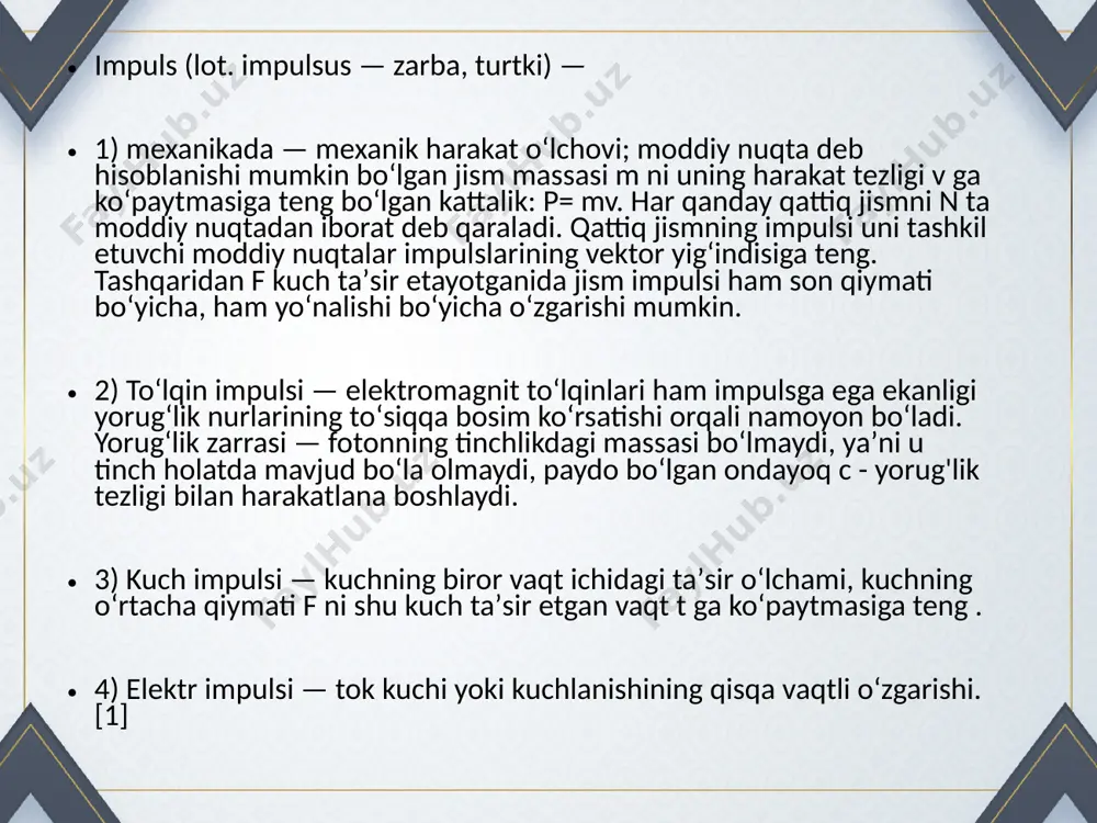 2 bo‘lib latun gilza 3 bilan germetik berkiladi. suv, apparatdan 0,2-0,5 (boshqa ma’lumotlarga qaraganda 0,5…1,5) ms tezlik bilan oqib, teskari yo‘nalishdagi magnit maydonlarni kesib o‘tadi. magnitli impuls qurilmalari. tok o‘tkazuvchi materiallardan tayyorlangan buyum va zagotovkalarda kuchli davriy magnit maydonlarni impulslari ta’sirida plastik deformatsiyalar hosil qilish uchun ishlatiladi. magnitli impuls shtampovka, trubalarni qisish va kengaytirish, yig‘ish ishlari, teshiklar hosil qilish, impulsli payvandlash va boshqalar uchun ishlatiladi. qurilmani prinsipial sxemasi va ish prinsipi. magnitli impulsli qurilmalarni ish prinsipi magnit maydonlarini quvvatli impulslari va zagotovkalarda hosil bo‘ladigan uyurma toklarni o‘zaro ta’siriga asoslangan. image2.jpg image3.png image4.png image5.png image6.png image1.jpg /docprops/thumbnail.jpeg