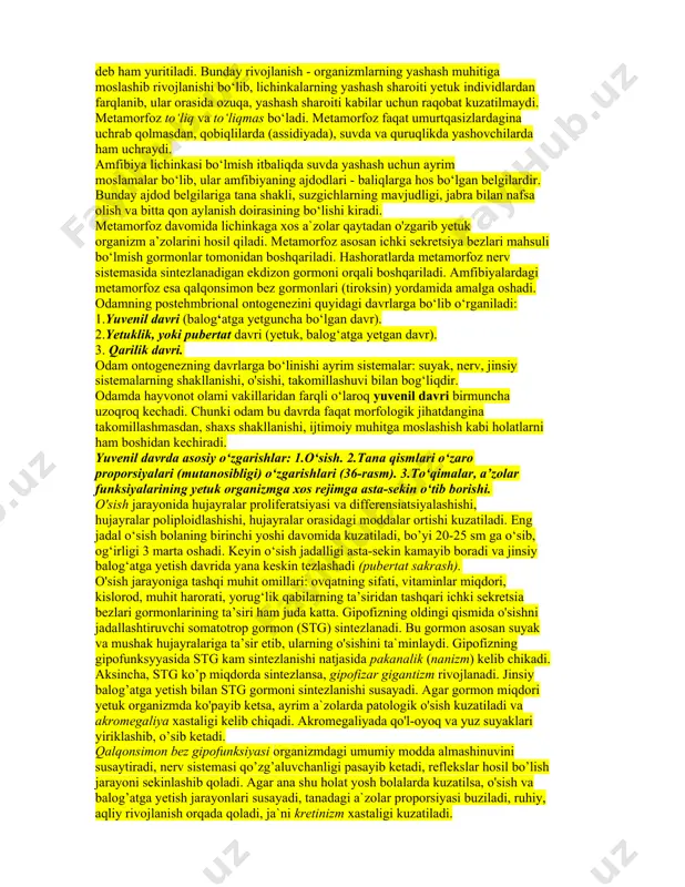ormon miqdori yetuk organizmda ko'payib ketsa, ayrim a`zolarda patologik o'sish kuzatiladi va akromegaliya xastaligi kelib chiqadi. akromegaliyada qo'l-oyoq va yuz suyaklari yiriklashib, o’sib ketadi. qalqonsimon bez gipofunksiyasi organizmdagi umumiy modda almashinuvini susaytiradi, nerv sistemasi qo’zg’aluvchanligi pasayib ketadi, reflekslar hosil bo’lish jarayoni sekinlashib qoladi. agar ana shu holat yosh bolalarda kuzatilsa, o'sish va balog’atga yetish jarayonlari susayadi, tanadagi a`zolar proporsiyasi buziladi, ruhiy, aqliy rivojlanish orqada qoladi, ja`ni kretinizm xastaligi kuzatiladi. keyingi yillarda bolalar va o'smirlarda o'sish, rivojlanishning tezlashuvi, ja'ni akseleratsiya kuzatilmoqda. akseleratsiyaning asosiy sabablaridan biri odamlar populyatsiyalarida autbriding nikohlar ko'payishi, millatlar, irqlarning migratsiyasi, aralashuvi jadallashishi natijasida geterozigotalar ortishi bo’lishi mumkin degan gipoteza haqiqatga yaqinroqdir. akseleratsiya homila davrida ham kuzatilmoqda. akseleratsiya natijasida organizmlarning o'sishi birmuncha erta to'xtaydi. akseleratsiya natijasida hozirgi vaqtda qiz bolalarning o'sishi 16-17 yoshda, o'g'il bolalarning o’sishi esa 18-19 yoshda to'xtamoqda. akseleratsiya sabablarini aniqlovchi bir qancha nazariy dalillar fanda ma’lum. ana shulardan biri ovqatlanishning yaxshilanishi, vitaminlarning yetarli miqdorda qabul etilishi, …
