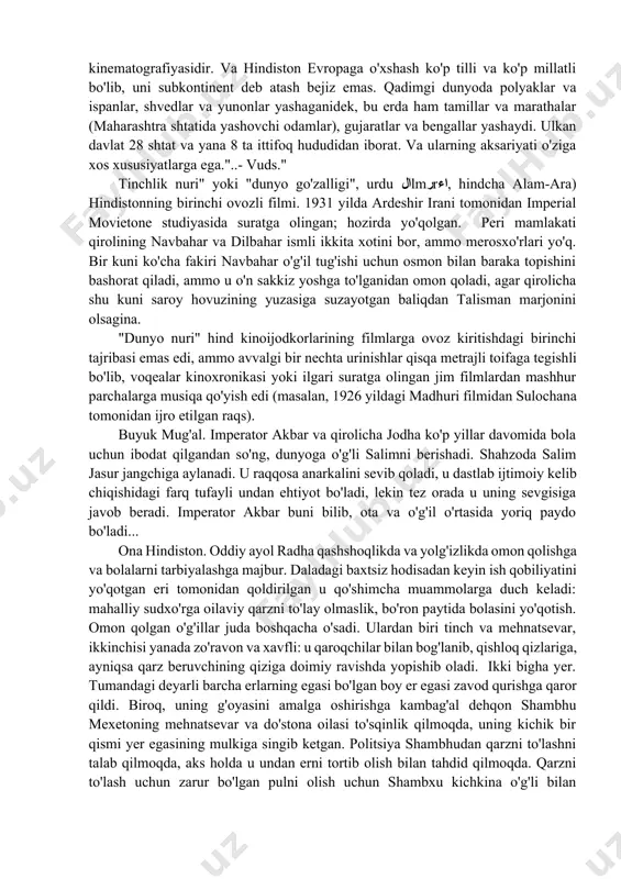 mediyasi lirik va dramatik bo'ladi. kulgili vaziyatlarda tomoshabinlarni hayratga soladigan mag'rur, yorqin, aqlli, ehtirosli qahramonlar paydo bo'ladi. 1895 yil 22 martda parijda aka-uka lumiyerlar tomonidan birinchi marta "sinematograf" namoyish etildi, shu yilning 1 noyabrida berlinda m. skladanovskiy o'zining "bioskopini" namoyish etdi, 28 dekabr kuni parijda kaputsinok bulvaridagi "gran-kafe" salonida birinchi tijorat sessiyasi bo'lib o'tdi. kino san'ati-tasvirni harakatda yozib olish va takrorlashning turli texnik usullariga asoslangan badiiy ijod turi, odatda tovush bilan birga. kino san'ati adabiyot, tasviriy san'at, teatr va musiqaning sintezidir. film dramaturgi yoki serial dramaturgi mustaqil ravishda ishlashi mumkin, ishlab chiqarishga qabul qilingan ssenariylar uchun royalti oladi. teatr dramaturgi ham royalti uchun ishlaydi. televizion dasturlarning yozuvchisi telekompaniya shtatida ishlashi yoki u bilan shartnoma asosida hamkorlik qilishi mumkin. 7.2. bollivud-bu kino sanoati. odatda hind kinosi bollivud bilan bog'liq-mumbaydagi kino ishlab chiqarish markazi, mamlakatning eng yirik metropoli. biroq, bollivud faqat hind kinematografiyasidir. va hindiston evropaga o'xshash ko'p tilli va ko'p millatli …