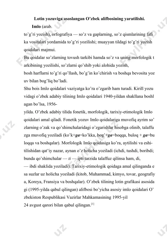 oliy majlisi 1995-yil 6-mayda o’zgarishlar kiritadigan qonun qabul qildi. bu qonunga ko’ra: 26 ta harf va 3 ta harflar qo’shilmasidan iborat. lotin yozuviga asoslangan yangi o’zbek alifbosi: lotin yozuviga asoslangan yangi o’zbek alifbosi. yangi alifboga o’tish 1996-yildan boshlanib,2005-yilda tugallanishi belgilangan edi.yangi o’zbek alifbosida 29 ta harf bo’lib,shulardan 6 tasi unli harf, qolgan 23 tasi undoshharf va bitta(‘) belgisidan iborat nutq tovushlari asosan ikkiga bo’linadi: 2.undosh tovushlar 1.unli tovushlar. o’pkadan chiqayotgan havo og’iz bo’shlig’ida hech qanday to’siqqa uchramay chiqishi natijasida hosil bo’ladigan tovushlarga unli tovushlar deb ataladi.bular:a,o,e,o’,u,i. o’pkadan chiqayotgan havo og’iz bo’shlig’ining ma’lum bir joyida yoki bo’g’izda to’siqqa uchrashidan hosil bo’lgan tovushlar undosh tovushlar deb ataladi. bular:b,d,f,g,h,j,k,l,m,n,p,q,r,s,t,v,x,y,z,g’,sh,ch,ng. 2.o’zbek tilining imlo qoidalari. o’zbekiston respublikasi vazirlar mahkamasining 1995-yil 24-avgust 339-sonli "o’zbek tilining asosiy imlo qoidalari to’g’risida" gi qarori qabul qilindi. o’zbek tilining asosiy imlo qoidalari 82 banddan iborat. quyidagi bo’limlarni o’z ichiga oladi:1.harflar imlosi: a)unlilar imlosi(1-7 bandlar); b)undoshlar imlosi(8-32-bandlar); 2.asos va qo’shimchalar imlosi(33-37 …
