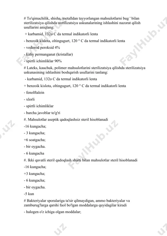- sterilizatsiya - dezinfektsiya + tozalash # patogenning yuqish mexanizmiga ta'sir qilish orqali epidemik jarayonni to'xtatishga, shuningdek patogen va opportunistik mikroorganizmlarni atrof-muhit ob'ektlaridan yoki teridan sog'liq uchun xavfsiz darajaga tushirishga qaratilgan epidemiyaga qarshi choralar deyiladi - asepsiya - antiseptiklar - sterilizatsiya + dezinfektsiya - tozalash # avtoklavlarda sterilizatsiya qilish joizdir + issiqlikka chidamli materiallardan tayyorlangan asboblar - optik asboblar - barcha vositalar - maslahatlar - nometall # barcha turdagi mikroorganizmlarni, shuningdek bakteriyalar sporalarini yo'q qilish jarayoni deyiladi - asepsiya - antiseptiklar + sterilizatsiya - dezinfektsiya - tozalash # bug ' dezinfektsiyalash usuli uchun ta'sir qilish vaqti -15 daqiqa; +20 daqiqa; -45 daqiqa; - 5 daqiqa. -10 daqiqa. # bug ' dezinfeksiya usuli uchun harorat -100°c; +110°c; -140°c; - 144°c. -70 °c # havoni sterilizatsiya qilish usuli bilan harorat -100°s; -10°s; +180°s; 80°s. -60°c # plazma sterilizatsiyasidagi harorat - 160-180°s; - 20-40°s; - 260-380°s; + 60-80°s. -200°c # barcha turdagi mikroorganizmlarni, …