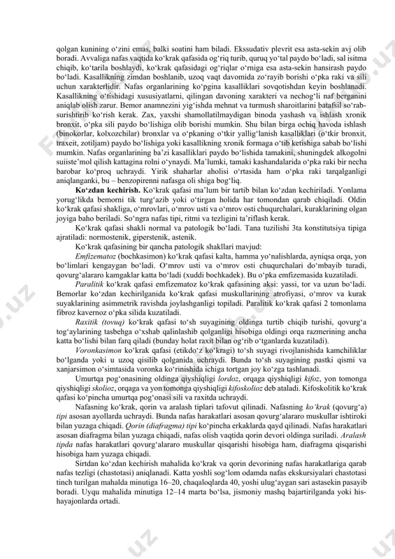 nlari kasallangan bemorlar ko‘kragi og‘rib turishi, hansirash, bo‘g‘ilish, yo‘talish, balg‘am tashlash, qon tupurishdan noliydi. ko‘pincha darmonsizlik, isitma, lanjlik, ishtaha pasayishi, bosh og‘rishi, uyqu buzilishi ham qayd qilinadi. ko‘krak qafasida og‘riq ko‘pincha yallig‘lanish protsessi plevraga o‘tgan mahallarda boshlanadi, plevrada nerv oxirlari ko‘p bo‘ladi. plevra og‘riqlari uchun ularning chuqur nafas olingan va yo‘talganda paydo bo‘lishi xarakterlidir. yallig‘lanib turgan plevra varaqalari birbiriga ishqalanganida sezuvchi nervlari ta’sirlanishi tufayli og‘riqqa sabab bo‘ladi. stenokardiya va miokard infarktida ham ko‘krak qafasida og‘riq paydo bo‘ladi, lekin bu og‘riq to‘sh orqasida sezilishidan tashqari, chap tomonga beriladi. hansirash nafas tezligi (chastotasi), ritmi va chuqurligining aynashidir. hansirash asosiy shikoyatlaridan biridir. hansirash gazlar almashinuvi buzilishi natijasida paydo bo‘ladi. qonda karbonat kislotasi va to‘la oksidlanmay qolgan almashinuv mahsulotlarining ko‘payib borishi nafas markazi ta’sirlanib, hansirash paydo bo‘lishiga olib keladi. hansirashning 3 tipi tafovut qilinadi: inspirator, ekspirator va ara lash. inspirator hansirashda nafasga havo olish qiyinlashsa, ekspirator hansirashda nafas chiqarish qiyinlashadi, aralash hansirashda esa nafas …