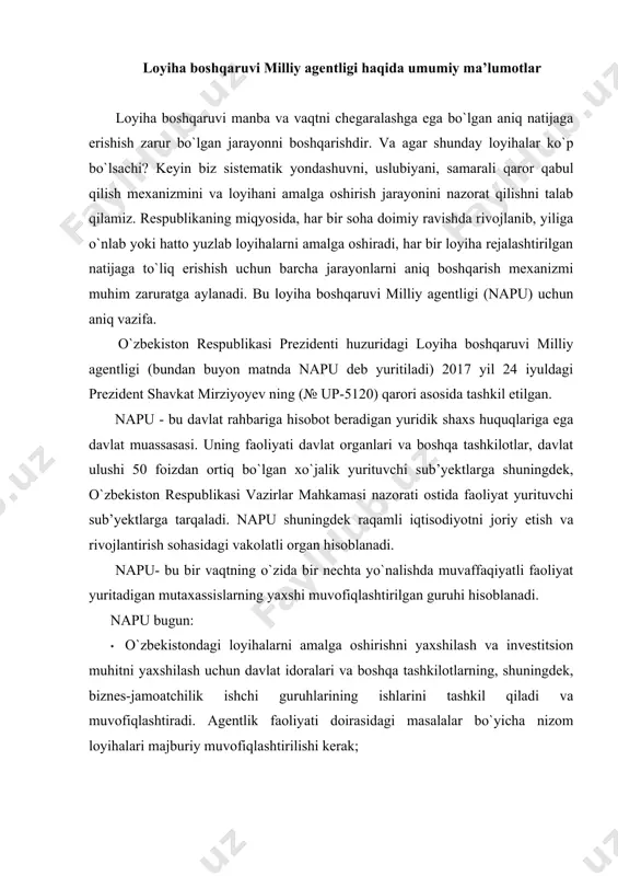 idoralari va boshqa tashkilotlarning, shuningdek, biznes-jamoatchilik ishchi guruhlarining ishlarini tashkil qiladi va muvofiqlashtiradi. agentlik faoliyati doirasidagi masalalar bo`yicha nizom loyihalari majburiy muvofiqlashtirilishi kerak; · o`zbekistonda islohotlarni amalga oshirish natijalarini o`rganadi, investitsiya dasturlarini shakllantirish va amalga oshirishni nazorat qiladi hamda monitoring qiladi; · blokcheynning amalga oshiriladigan faoliyat sohalari va raqamli iqtisodiyotni rivojlantirishni belgilaydi, blokcheynni kiritishni nazarda tutuvchi me’yoriy-huquqiy hujjatlarning loyihalari napuda majburiy ekspertiza qilinishi kerak; · davlat mablag`lari hisobidan moliyalashtirilgan loyihalarni yuqori sifatli va o`z vaqtida amalga oshirilishini ta’minlaydi; · zarar ko`rib ishlayotgan va kam samarador loyihalarni aniqlaydi; · davlat organlarida zamonaviy texnologiyalarni joriy etish konsepsiyasini ishlab chiqish va kompleks tahlil qilishni ta’minlaydi; · loyiha boshqarish sohasida kadrlar tayyorlashda va ularni malakasini oshirishda yordam beradi. napu o`zbekiston respublikasida davlat va nodavlat tashkilotlari, muassasalari, tadbirkorlik sub’yektlari, xorijiy mamlakatlarning diplomatik vakolatxonalari va konsullik muassasalari, xalqaro tashkilotlar, xorijiy kompaniyalar va mutaxassislar bilan o`zaro hamkorlik qiladi. napu «mirzo ulug`bek innovation center» nomli mirzo ulug`bek innovatsion …