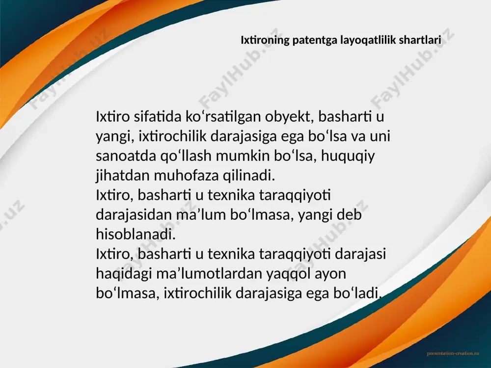 lashish; • fan va texnikada, foydalanish uchun kashfiyotlarni davlat tomonidan ma’lumot uchun qabul qilinishi va hisobga olinishi kashfiyotlarni aniqlash bosqichlari kashfiyotni aniqlash bosqichlari amalga oshiriladigan ishlar 1-bosqich asos qidiruv tadqiqotni ilmiy-amaliy injenerlik tadqiqotdan ajratish lozim. tadqiqotning obekti tabiiy yoki texnik bo‘lishi mumkin va uni tartibli amalga oshirish kerak. 2-bosqich kashfiyot predmeti hodisa, xossa, qonuniylikni oldindan belgilash. 3-bosqich kashfiyot shakliga muvofiq kashfiyot predmeti qat’iy shakllantiriladi. 4-bosqich bunda ilmiy qoidalar jamoatchilik tomonidan muhokama qilinadi. o‘zbekiston respublikasining “elektron hisoblash mashinalari uchun yaratilgan dastur va ma’lumotlar bazalarining huquqiy himoyasi to‘g‘risida”gi qonuni 06.05.1994-yilda qabul qilingan va 05.04.2002 va 30.08.2002-yillarda o‘zgartirishlar kiritilgan. ushbu qonun ehm uchun dastur va ma’lumotlar bazalarini yaratish, ularning huquqiy himoyasi va ulardan foydalanish bilan bog‘liq munosabatlarni o‘zbekiston respublikasida tartibga soladi. qoraqalpog’iston respublikasida ehm uchun yaratilgan dasturlar va ma’lumotlar bazalarining huquqiy himoyasi borasidagi munosabatlar qoraqalpoiston respublikasining qonun hujjatlari bilan ham tartibga solinadi. sanoat mulki obyektining muallifi sanoat mulki obyektining muallifi. ijodiy mehnati bilan …