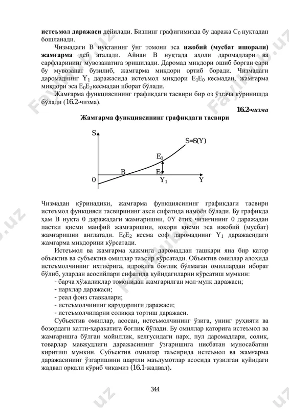 тади. демак, кейнс фикрига кўра, истеъмол – уй хўжаликлари жорий даромадларининг ўсиб борувчи функцияси ҳисобланади: )(yfc  . истеъмол функциясини график кўринишида ҳам тасвирлаш мумкин (16.1-чизма). бунда тик ўққа истеъмол сарфлари, ѐтиқ ўққа эса аҳоли ихтиѐридаги даромад миқдори жойлаштирилади. 16.1-чизма истеъмол функциясининг графикдаги тасвири f с e2 в c = c(y) e0 c0 e1 0 y1 y ҳар иккала ўқ ўртасидан 45 остида ўтувчи 0f тўғри чизиқ истеъмол сарфлари ва ихтиѐрдаги (соф) даромаднинг миқдоран тенглигини ифодалайди. 0y ўқидаги ҳар қандай даромад миқдорини ифодаловчи ушбу чизиқда жойлашган нуқта 0с ўқнинг тегишли миқдордаги истеъмол сарфига тенг бўлади. бошқача айтганда, уй хўжалиги соф даромаднинг барча ҳажмини тўлиқ истеъмолга сарфлайди. бироқ, бундай тенглик амалда доимо ҳам рўй беравермайди. истеъмол сарфлари миқдори баъзида жорий соф даромадлар миқдоридан паст бўлиши, баъзида эса ошиб кетиши ҳам мумкин. шунинг учун истеъмол эгри чизиғи с соф даромад 0f чизиғига мос тушмай, унга нисбатан маълум даражада оғади. ҳар иккала чизиқнинг …