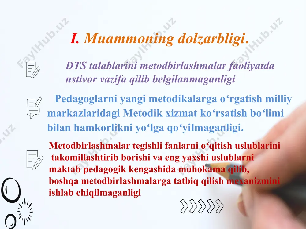 aholashga yordam berish vi.qiyosiy tahlil etilganligi t/r amaldagi holat(o’zbekistonda) amaldagi holat (xorijda) taklif 1. metodbirlashmalar - oʻquv tarbiya jarayoni sifatini yanada yaxshilash, fan oʻqituvchilariga metodik yordamni tashkil etish, tegishli oʻquv fanlarni oʻqitish uslublarini takomillashtirish va oʻqitish sifatini oshirishga koʻmaklashish. pedagoglarni yangi metodikalarga oʻrgatish milliy markazlaridagi ilgʻor ish tajribalarini maktab, tuman (shahar) miqyosida ommalashtirishga tavsiya qilish maoshi:10% ustama buyuk britaniyada. bosh o'qituvchi (metod birlashma) har kuni turli xil qiyinchiliklar va mas'uliyatlarga duch kelishga tayyor bo'lishi kerak. ular omma oldida muloqot qila olishlari va ma'muriy topshiriqlarni bajarishga vaqt ajratishlari kerak. ularning asosiy majburiyatlariga quyidagilar kiradi: o'quvchilar uchun milliy standartlarga javob beradigan o'quv dasturini yaratish o'quvchilarning ota-onalari bilan yaqindan ishlash va muloqot qilish o'quvchilarning ehtiyojlari va rivojlanishini baholashga yordam berish xodimlarni tanlash, o'qitish, qo'llab-quvvatlash va baholash o'quvchilar bilan bog'liq muammolarni hal qilishda yordam berish uchun xodimlarga ko'rsatmalar berish tashqi maslahatchilar va maktab rahbarlari bilan ishlash maktab moliyasini nazorat qilish muassasada dasturda barcha bolalar …