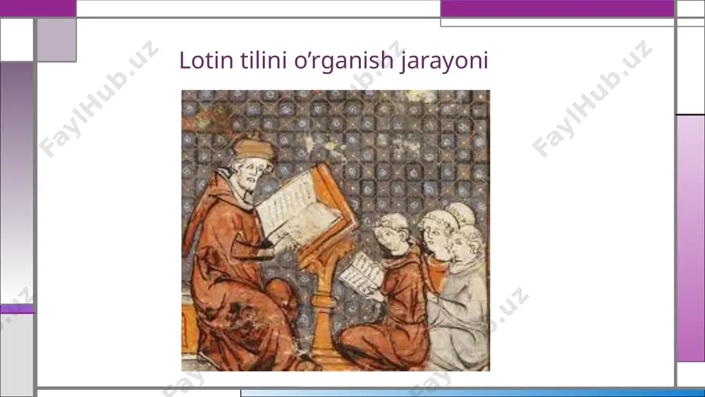 edi. masalan: rus xirurgi n.i.pirogov (1810-1881)ning operativ xirurgiya va topografik anatomiyaga oid («muzlatilgan murda ustida uch yo'nalishda oʻtkaziladigan aralash topografik anatomiya», 1889) asari va boshqalar. atoqli rus farmakologi i.y.dyadkovskiy oʻzining mashhur «odam tanasiga dori-darmon ta'sir etishi usullari» nomli dissertatsiyasini lotin tilida yozib, himoya qilgan. 1865- yilgacha rus fuqaro va harbiy farmakopeyalari lotin tilida bosib chiqarildi. kasallik tarixi ham lotin tilida yozilar edi. shunga qaramay, xix asrda lotin tili ilmiy, yozma, kitobiy muloqotning xalqaro vositasi sifatida hamma joylarda milliy tillarga o'z o'rnini boʻsha- tib berdi. 10 e’tiboringiz uchun rahmat 11 image1.jpeg image2.jpg image3.jpg image4.jpg