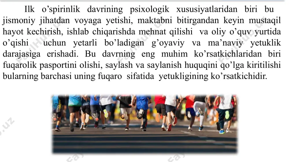 r etadi. avvalo bu davrda yigit va qizlarda o’z-o’zini anglash sezilarli ravishda o’sadi. ilk o’spirin yoshidagi o’quvchilar o’zining kuchli va ojiz tomonlarini o’zning ustunlik va kamchiliklarni o’smirga qaraganda yaxshiroq va chuqurroq baholay oladi. biroq o’smir tomonidan o’z o’ziga baho berish birmuncha ob’ektivroq bo’lib bu ularga kattalar tomonidan berilayotgan fikr va mulohazalarga tayaniladi. ilk o’spirinlik davrida esa bu boshqacharoq tarzda amalga oshiriladi ya’ni yoshning ortishi bilan unda o’z shaxsini o’z xatti-harakatlari va faoliyatini mustaqil tahlil qilish va baho berish an’anasi kuchayadi. ilk o’spirinlik davrining o’quv faoliyati o’zining mazmuni va xarakteri jihatidan o’smirlar o’quv faoliyatidan tubdan farq qiladi. bu yerdagi asosiy farq ta’lim mazmunining chuqurlashuvi va o’quvga oid yangi bo’limlarning kiritilishi bilan emas. asosiy farqi shundaki yuqori sinf o’quvchilarining o’quv faoliyati ularning faolligi va mustaqilligiga ancha yuqori talablar qo’yadi. v.a.suxomlinskiy tomonidan quyidagi fikr ilgari suriladi ya’ni yuqori sinflardagi o’qishning qiyinchiliklari shu narsa bilan bog’langanki ilgari faktlarni mustaqil ravishda tahlil qilmasdan o’tilgan narsalarni …