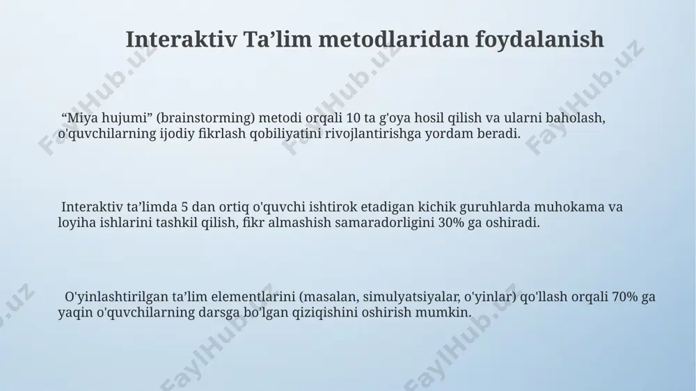 ini beradi va bilimlarni mukammal assimilyatsiyasini ta'minlaydi. zamonaviy pedagogik texnologiyalar, masalan, gamifikatsiya, o'quv jarayonini 30% ga qadar samaradorligini oshirishi va 70% gacha o'quvchilarning faol ishtirokini ta'minlashi mumkin. e'tiboringiz uchun rahmat @taqdimot_robot image4.png image3.jpeg