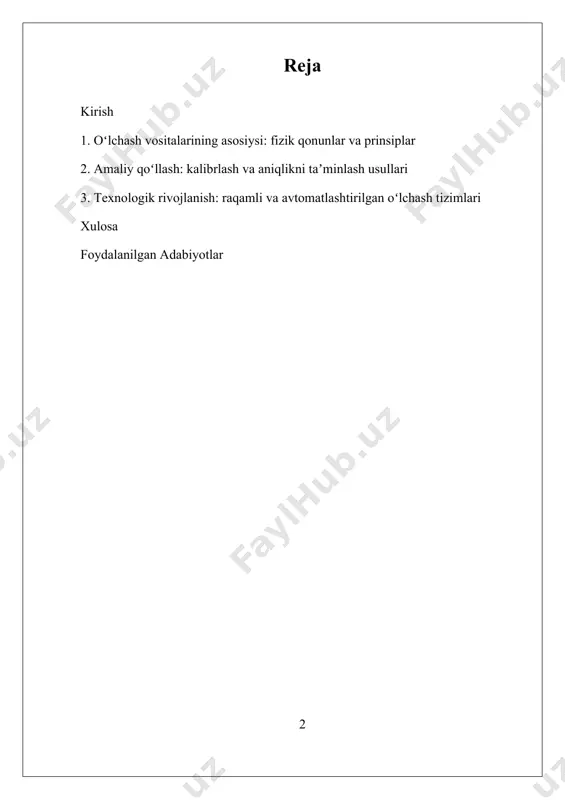 rining rivojlanishi oddiy mexanik asboblardan boshlangan bo‘lib, zamonaviy texnologiyalar esa yuqori texnologiyali raqamli va sensor texnologiyalarini yaratish imkonini berdi. bugungi kunda, ilm-fan va texnologiya sohalarida, ayniqsa, sanoat, tibbiyot, ekologiya va ilmiy tadqiqotlar kabi sohalarda, o‘lchash vositalarining ishlash prinsiplari va ularning rivojlanishi muhim rol o‘ynamoqda. ayniqsa, iot (internet of things) texnologiyalari va aqlli sensorlar yordamida real vaqt rejimida ma’lumotlarni yig‘ish va masofadan boshqarish imkoniyatlari kengayib bormoqda. i. oʻlchash vositalarining asosiysi: fizik qonunlar va prinsiplar oʻlchash vositalarining ishlash prinsiplari fizik qonunlar va nazariyalar asosida shakllanadi. bu vositalar yordamida fizik jarayonlar va o‘lchash ob’ektlarining xususiyatlari aniqlanadi, o‘lchash natijalari esa amaliy va nazariy tadqiqotlar uchun muhim ahamiyatga ega. oʻlchash vositalarining asosiy ishlash prinsiplari ularning turiga, texnologiyasiga va foydalanish sohalariga qarab farq qilishi mumkin, ammo ular hammasi ham fizikaning fundamental qonunlariga tayanadi. analog va raqamli oʻlchash vositalarining ishlash prinsiplari o‘rtasida muhim farqlar bo‘lsa-da, ikkalasi ham fizik qonunlarga asoslangan bo‘lib, ma’lumotlarni olish va ularni vizual yoki …