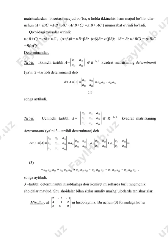 alar teng deyiladi. matritsalar ustida asosiy amallar. ta’rif. a, b ( r m(n , a = (ai k ), b= (bi k ) matritsalar yig’indisi deb elementlari ci k = ai k +bi k , i=1,…,m, k=1,…,n, tengliklarni qanoatlantiruvchi c=(ci k ) ( r m(n matritsaga aytiladi va u a + b orqali belgilanadi. misol. + = = , agar a( r m(n , (( r bo’lsa, u holda a matritsaning ( skalyarga ko’paytmasi deb (a= (bi k ), bi k = ( ai k , i=1,…,m, k=1,…,n, matritsaga aytiladi. ta’rif. a ( r m(n , b ( r n ( t , a = (ai k ), b= (bi k ) matritsalar ko’paytmasi deb elementlari ci k = ai p b pk , i=1,…,m, k=1,…,n, tengliklarni qanoatlantiruvchi c=(ci k ) ( r m(t matritsaga aytiladi va u a b orqali belgilanadi. shuni ta’kidlash lozimki, a ( r m(n , …