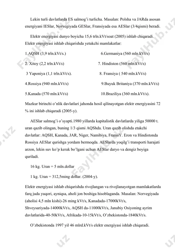 qiluvchilar: aqsh, italiya, niderlandiy. energiyaning nomoddiy manbalari. neftning qimmatlashishi energiyaning yangi turlariga qiziqishni oshirdi. yerning issiqlik energiyasidan 2 xil foydalaniladi: 1.uylarni, issiqxona, suv havzalarini isitish uchun; 2.geotermal ieslar. dunyoda dastlab italiyada qurilgan. geo ieslar aqsh (geyzerlar vodiysida, kaliforniya), fillipin, meksika, italiya, yaponiya, yangi zelandiya, rossiya kabi davlatlarda qurilgan. suv qalqish energiyasi. pes (qes). rossiyada (oq dengiz kandalaksha (12m.)), aqsh (fandi-19m.), xitoy, kanada kabi davlatlarda qurilgan. quyoshdan qes (ses)larda elektr energiyasi olinadi. bu sohada – aqsh, ispaniya, fransiya, yaponiya, ukraina, o’zbekiston kabi davlatlar ajralib turadi. kichik-kichik shamol es yuzlab mamlakatlarda bor. jahon xo’jaligini mineral xom-ashyo bilan ta’minlanishi 1-galda tog’-kon sanoatiga bog’liq. mazkur sanoat mahsulotining 2/3 qismini mdh, aqsh, xitoy, kanada, avstraliya va jar beradi. 1970 yillardagi jahon mineral xom-ashyo xo’jaligidagi krizisdan so’ng g’arb davlatlarida xom-ashyoni tejash va iqtisod qilishga o’tildi. natijada kanada, avstraliya, jar va afrika davlatlarining mavqei o’sdi. masalan: kanada jahonda uran, ni, zn, ph, te, mo, au, ag, ti, …