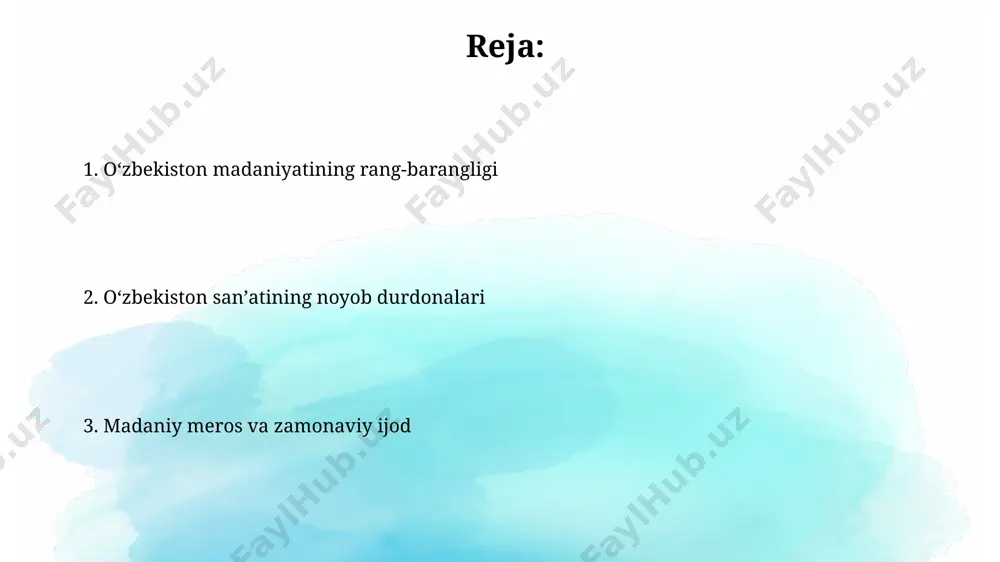 aharlar ijod markazlariga aylandi, badiiy uslublar xilma-xil boʻldi. oʻzbek sheʼriyatida 19-asrning ikkinchi yarmidan boshlab yangi adabiy yoʻnalishlar paydo boʻldi, xususan, turkistonda ijod qilgan shoirlarning asarlari milliy ong uygʻonishiga hissa qoʻshdi. oʻzbekistonning zamonaviy sanʼati toshkentdagi 1990-yillardan keyingi ko'plab zamonaviy san'at galereyalari, 50 dan ortiq rassomlarni birlashtirib, post-sovet davrida o'zbekiston san'atining rivojlanishida muhim rol o'ynadi. oʻzbekistonning zamonaviy fotosurat sanʼati, xususan, samarqand va buxoroning tarixiy joylarini aks ettiruvchi 20 dan ortiq taniqli ijodkorlarning asarlari orqali global miqyosda tan olinmoqda. oʻzbekiston madaniyatining qadimgi ildizlari amu daryo vodiysi, miloddan avvalgi 2-ming yillikka oid arxeologik qazishmalar natijasida topilgan 5000 dan ortiq qoʻlyozmalar va soyishmalar oʻzbek madaniyatining qadimgi yozuv va sanʼat anʼanalarini aks ettiradi. buxoro va samarqand shaharlarida joylashgan 100 dan ortiq masjid va madrasalar meʼmoriy uslublari orqali xv-xvi asrlarga oid islomiy madaniyatning buyuk rivojlanishini koʻrsatadi. oʻzbek musiqasi va raqslari oʻzbek xalq musiqasining 100 dan ortiq turlari mavjud boʻlib, ularning har biri samarqand, buxoro kabi shaharlarning oʻziga …