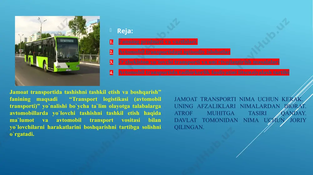 bo‘lib, mazkur indeks mahalliy kompaniyalarning milliy va xalqaro bozorlarga chiqishni ta’minlovchi ta’minot zanjirlarining samaradorligini o‘lchaydi. avtomobil transportidagi iqtisodiy islohotlar tahlillar bugungi kunda jamoat transportidan samarali foydalanish bilan bog'liq bir qator muammolar o'z ilmiy echimini kutayotganini ko'rsatmoqda. jumladan, aholiga xizmat ko'rsatuvchi transport vositalari parkini yangilash va ulardan foydalanish darajasini oshirish, yo'lovchi tashish xarajatlari va avtomobillarni ishlatish ko'rsatkichlari o'rtasida oqilona mutanosiblik o'rnatish, jamoat transportidan foydalanish tariflarining asossiz o'sib ketishiga yo'l qo'ymaslik kabi muhim masalalar shular jumlasidandir. respublikamiz hududi keng, aholi soni ortishi asnosida ular istiqomat qiluvchi katta-kichik punktlar soni ham tobora ko'payib boryapti. oldimizda aholi punktlarini tuman va shahar markazlari bilan bog'lovchi yangi yo'nalishlar tashkil etish, yo'nalishlarda yo'lovchilar oqimi va ekspluatasiya sharoitiga mos harakat tarkibini shakllantirish kabi vazifalar turibdi. shuningdek, yo'lovchilarga qulaylik yaratish, tashish va texnik xizmat ko'rsatish jarayonlarini qamrab oluvchi tezkor axborot tizimini shakllantirish, aholini belgilangan yo'nalishlarda yo'l infratuzilma ob'ektlari bilan ta'minlanganlik darajasini oshirish hamda yo'lovchi transporti xizmati ko'rsatuvchi korxonalar xodimlari …