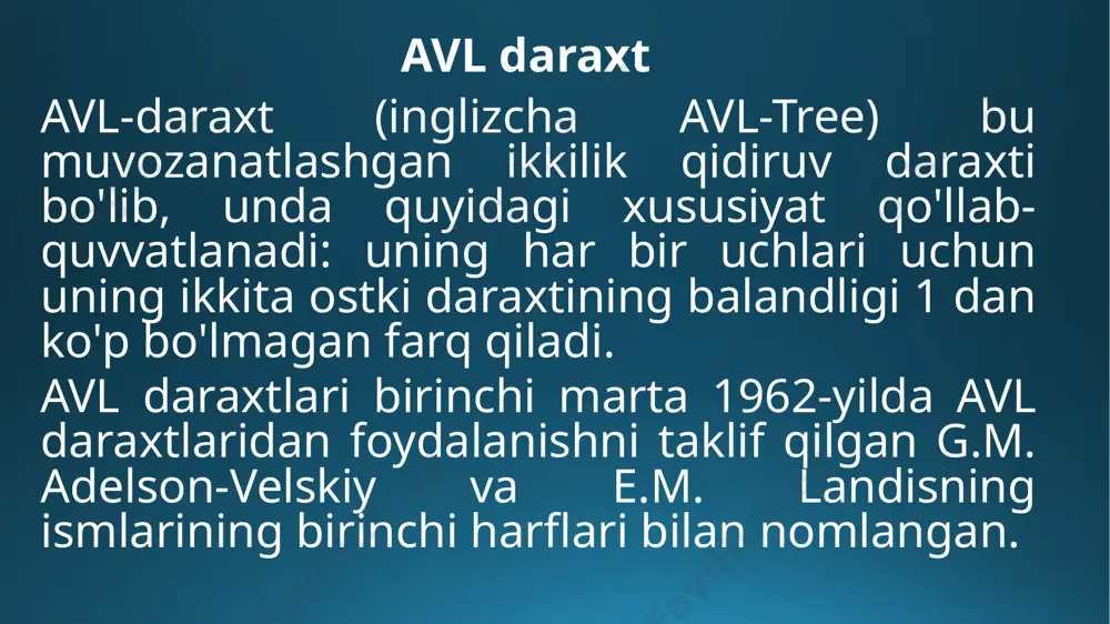'rib chiqaylik: • hl=hr. yoqilgandan so'ng, l va r har xil balandliklarga aylanadi, ammo muvozanat mezonlari buzilmaydi; • hl hr. yoqilgandan so'ng muvozanat mezonlari buziladi va daraxtni qayta qurish kerak. muvozanatlashgan daraxtlar shunday qilib, biz avl daraxtiga yangi tugunni kiritish uchun umumiy algoritmni tuzamiz: 1. kiritilgan daraxtning ichida emasligiga ishonch hosil qilish uchun daraxtni aylanib o'tish; 2. yangi uchni kiritish va natijada balans ko'rsatkichini aniqlash; 3. qidiruv yo'li bo'ylab "orqaga chekinish" va har bir uchda balans ko'rsatkichini tekshirish. agar kerak bo'lsa, muvozanatni saqlash. amalda avl balansini tiklashning 4 algoritmi qo'llaniladi:muvozanat ko'rsatkichlari qiymatiga qarab tanlangan kichik va katta chap burilish, kichik va katta o'ng burilish (rasm) kichik chap burilish algoritmi kichik o’ng burilish algoritmi katta chap burilish algoritmi katta o’ng burilish algoritmi muvozanatlashgan daraxtlar rasmlarda to'rtburchaklar pastki daraxtlarni bildiradi, ichidagi raqamlar kichik daraxtlarning raqamlari, tugunlar yonidagi raqamlar balans ko'rsatkichlari. balanslash algoritmi chap tomonga burilishning quyidagi misolida keltirilgan. boshlang’ich daraxt muvozanatlashgan daraxtlar …
