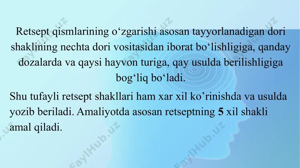 um dec. qaynatma da, signa (detur, signetur) d.s. ber va ko`rsat dragee draje emplastrum empl. plastir emulsium emul. emulsiya extractum extr. ekstrakt fiat f. qilingan flos fl. gul floidum ful. suyuq folium fol. barg gutta gtt. tomchi herba hb. o`t infusum inf. damlama linimentum linum. liniment misce m. aralashtir misce,fiat m.f. tayyorlash uchun aralashtir misce, dasigna m.d.s. aralashtir ber va ko`rsat mixtura mixt. aralashma massapilularum m. pil. pilula massasi mucilago muc. shilimshiq oleum ol. yog` pasta pasta perse sof holda pilula pil. pilyula pulvis pulv. kukun quantum satis s. keragicha radix rad. ildiz rectificatus rect. tozalanan recipe rp. ol rhizome rhiz mayda ildizlar signa (sinatur) s. ko`rsat semen sem. urug` siccus sice. quruq simplex simpl. oddiy sirupus sir. sirop solution sol. eritma species sp. yig`ma statum shu chog` sterilisetur steril. sterillasin suppositorium sp. shamcha tabulletae tabul. tabletkalar tinctura tinc. tindirma ungeuntum ung. surtma e’tiboringiz uchun rahmat ! image1.png /docprops/thumbnail.jpeg