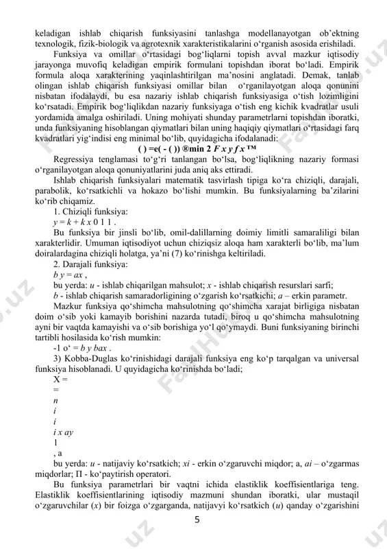 uning omillari o‘rtasidagi bog‘liqliklar quyidagicha aniqlanadi. takror ishlab chiqarishning omillari iqtisodiy o‘sish sarf-ishlab chiqarish shaklidagi bir taraflama bog‘liqlikda bo‘ladi. milliy daromad va asosiy fondlar hamda ishchi kuchlari o‘rtasidagi bog‘liqliklar yuqoridagi bir taraflama bog‘liqliklarning tipik ko‘rinishi hisoblanadi. bunda mehnat va asosiy fondlar ishlab chiqarishga sarfni bildirsa, milliy daromad qilingan sarflarning natijasi sifatida qaraladi. ammo milliy daromad va mehnat hamda asosiy fondlar o‘rtasida esa ko‘p tomonlama bog‘liqliklar mavjud bo‘ladi. takror ishlab chiqarish omillari tahlili shuni ko‘rsatadiki, ma’lum davrlarda milliy daromad mavjud asosiy fondlar miqdorlariga bog‘liq bo‘lsa, shu davrda asosiy fondlarning o‘zlari ham milliy daromadning bir qismi hisoblanadi. iqtisodiy o‘sish va uning omillari o‘rtasida bir martalik bog‘liqliklar ham mavjudligini taxmin qilinadi. masalan, shu davrda milliy daromad miqdori mehnat sarfining miqdori va sifati bilan belgilansin. ikkinchi tomondan, mehnat sarfi ham milliy daromaddan alohida amalga oshirilmaydi. bunda birinchi holda bog‘liqlikning ishlab chiqarish va ikkinchi holda esa taqsimot tomoni ta’kidlanadi (2-jadval). 3.1.1-jadval takror ishlab chiqarish omillari …