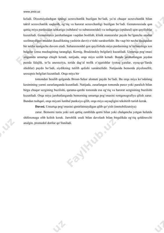ular hamma vaqt qarama-qarshi tomonda) kuzatiladi. subaraxnoidal – pardalar orasiga qon quyilishi. bemorlar qattiq bosh og‘riq, qusish, bezovtalik, umumiy qo‘zg‘alish, gallutsinatsiya, yorug‘likdan va shovqindan bezovta bo‘ladilar. bunda hamma meningial belgilar paydo bo‘ladi. orqa miya punksiya qilinganda suyuqlikning katta bosim bilan chiqishi, rangi qizil bo‘lishi kuzatilib, shunga qarab tashxis qo‘yiladi. tashxis qo‘yishda: eeg, exo, kompyuter tomografiya va kalla suyagini ikki tomondan rentgenografiya qilish tavsiya etiladi. rentgenografiyada gipertenziya belgilari, turk egarining silliqlanishi, barmoq izlarini ko‘rishimiz mumkin. bosh miyada qon quyilish bo‘lsa, lumbal punksiya tavsiya etiladi. ko‘z tubida bir haftada qon tomirlarning kengayishi, keyinchalik dimlanishi kuzatiladi. yopiq bosh miya shikastlari hamma vaqt o‘zidan asorat qoldiradi. bular turli xil bo‘ladi: shikastdan keyingi ensefalopatiya, shikastdan keying leptomeningit. astenonevrotik ko‘rinishdagi bemorlarda bosh og‘riq, bosh aylanish, sababsiz yig‘lash, tez charchash, uyqusizlik kuzatiladi. asab sohasini tekshirganimizda qo‘llarda titrash, qo‘rqish, vahima, talvasa, bezovtalik bilan birga nistagm, anizorefleksiya, ataksiya asoratlari qolishi yoki shikastdan keyin bosh miyada talvasa xurujlari, gipertenzion alomatlar …