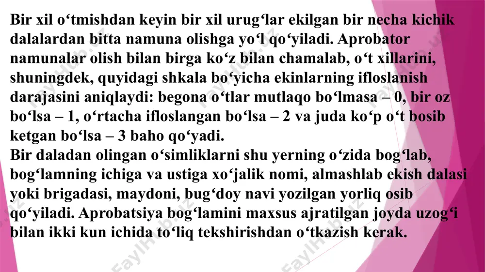 nmagan poyalari; qishloq xo‘jaligi ekinlaridan yuqori hosil olish va sifatli mahsulot yetishtirishda asosiy drayveri urug‘chilik tarmog‘i hisoblanib konditsiyali urug‘lar yetishtirishda esa aprobatsiya ko‘rigi muhim o‘rin tutadi xususan, mamlakatda oziq-ovqat xavfsizligini taʼminlashda 1 mln gektardan ortiqroq asosiy maydonlarga boshoqli don ekinlari ekilib, mazkur maydonlarni sifatli sara 265 ming tonna urug‘liklar talab etilib, sifati kafolatlangan urug‘liklar bilan taʼminlash barcha soha mutasaddilarga katta masʼuliyat yuklaydi. shu sababli respublikaning barcha soha olim va mutaxassislari tomonidan kelgusi yil hosili uchun genetik jihatdan navdorligi yuqori bo‘lgan urug‘liklar maydonlarni aniqlash maqsadida, darajasidagi tadbiri sifatida aprobatsiya ko‘rigini o‘tkazish oldidan markazlashgan holda o‘quv-amaliy seminar tashkil etilishi va tegishli tushuntirish, tavsiyalar berish va tajriba almashish anʼana tusiga aylanib qolgan. xabaringiz bo‘lganidek, o‘zbekiston respublikasi qishloq xo‘jaligi vazirligi, “o‘zdonmahsulot” aksiyadorlik kompaniyasi hamkorligida andijon viloyatidagi don va dukkakli ekinlar ilmiy-tadqiqot institutida 2023-yil 12-may kuni “qoraqalpog‘iston respublikasi va viloyatlarda urug‘lik g‘alla maydonlarida aprobatsiya ko‘rigi”ni o‘tkazish bo‘yicha ko‘rgazmali o‘quv-amaliy seminari bo‘lib o‘tdi. mazkur seminarda qishloq …