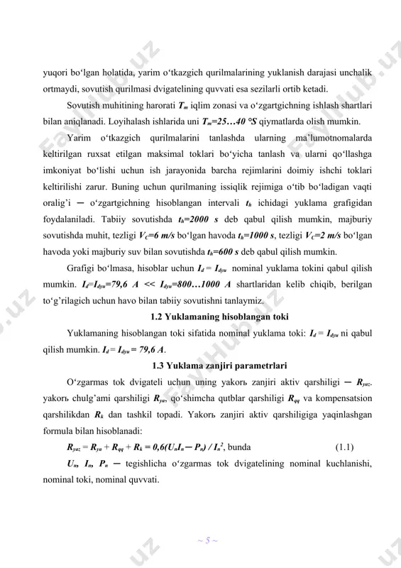 rafigi boʻlmasa, hisoblar uchun id = idyu nominal yuklama tokini qabul qilish mumkin. id=idyu=79,6 a ld =4,284 gn sharti bajariladi, demak tok pulьsatsiyalarini kamaytirish uchun qoʻshimcha silliqlovchi reaktorga zarurat yoʻq. 4.2 boshqariluvchi toʻg’rilagichning tashqi tavsifini qurish oʻzgartgichning ishlash jarayonida yuklamadagi kuchlanish ud sozlash tavsifi boʻyicha aniqlangan kuchlanish uda dan oʻzgarmas tok zanjirining umumiy qarshiligi rd dagi kuchlanish tushuvi kattaligicha kichik. ud=uda-idnrd qaysiki (4.3) rd qarshiligi transformator rt silliqlovchi reaktor rsr va oʻzgartgichning anod toklari oʻtadigan kommutatsion rp qarshiliklaridan hosil boʻladi. rd=rt +rsr+rp (4.4) qaysiki (4.5) ni = 6 ─ uch fazali koʻprikli sxemadagi ekvivalent ventillarning soni rd = 0,021 +0,045 = 0,066 (om) tiristorli oʻzgartgichning uzluksiz toklar zonasida (4.3) formula boʻyicha qurilgan tashqi yuklanish tavsiflari toʻg’ri chiziqlar oilasidir, har bir toʻg’ri chiziqni ikkita nuqta yordamida chizish (4.1 rasm) mumkin: ─ salt yurish: id=0, ud=uda ; ─ hisoblangan (nominalь) yuklama: id=idn , ud=uda─idnrd har bir tavsif chizig’i uchun uzluksiz tok chegarasini …