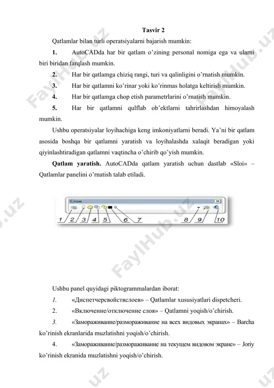 i.a.karimov “yuksak ma`naviyat yengilmas kuch” toshkent. 2010. 2. o`zbekiston respublikasi vazirlar maҳkamasining qarori 06. 06. 2002 y. №200 “komp’yuterlashtirishni yanada rivojlantirish va axborot-kommunikatsiya texnologiyalarini joriy etish” chora-tadbirlari to`g’risida. 3. rixsiboyev t. “komryuter grafikasi” o’zbekiston yozuvchilar uyushmasi adabiyot jamg’armasi nashriyoti. toshkent – 2006. 4. rixsiboyev t. “muhandislik kompyuter grafikasi va uni o’qitish metodikasi” tdtu bosmaxonasi. toshkent – 2009. 5. fedorenkov, kimayev «autocad 2002» moskva – 2001. 6. romanicheva e.t. va b… «autocad vers.12,13,14» moskva – 1997. 7. dmitriy tkachev «самоучитель» autocad 2005. 8. elen filkenshteyn. «auto cad 2007 and auto cad lt 2007» bibliya pol’zovatelya. m.: dialektika – 2007.1309s. 9. bogolyubov s.k. «индивидуальные задания по курсу черчение». moskva «высшая школа» 1989. 10. www.arxiv.uz 11. www.ziyo.net