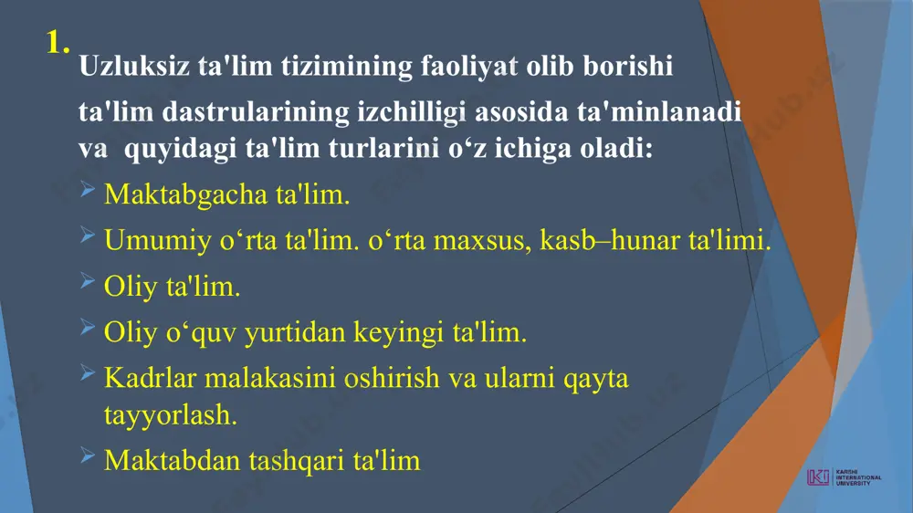 ylar kuni» deb belgilandi hamda bu kun bayram sifatida dam olish kuni deb e’lon qilindi. 1997-yil 29-avgustda qabul qilingan «ta’lim to‘g‘risida»gi yangi tahrirdagi hamda “kadrlar tayyorlash milliy dasturi” qabul qilingan. 2020-yil 23-sentabrda yangi “ta’lim to‘g’risida” qonun qabul qilindi. u 11 bob, 75 moddadan iborat. qonundagi eng muhim о‘zgarishlar quyidagilardir: qonunga ta’lim va tarbiyaga milliy hamda umuminsoniy qadriyatlarning singdirilganligi prinsipi kiritildi; 11 yillik ta’limning hamda 6 yoshdan 7 yoshgacha bо‘lgan bolalarni bir yil davomida umumiy о‘rta ta’limga tayyorlashning majburiyligi о‘rnatildi; nodavlat ta’lim tashkilotlari tomonidan umumiy о‘rta va о‘rta maxsus ta’limning amalga oshirilishi mumkinligi mustahkamlandi; 3. o’zbekiston ta’lim sohasida bir nechta davlatlar bilan hamkorlik olib boradi. quyidagi davlatlar bilan hamkorlik qilinmoqda: aqsh germaniya buyuk britaniya frantsiya italiya yaponiya koreya respublikasi xitoy xalq respublikasi malayziya hindiston rossiya federatsiyasi 2023 yil 5-aprelda maktabgacha va maktab ta‘limi vazirligi, ta’lim bo’yicha global hamkorlik (gpe), unicef hamda milliy va xalqaro hamkorlar bilan birgalikda, 2023-2026 yillarda ta‘lim sohasini …