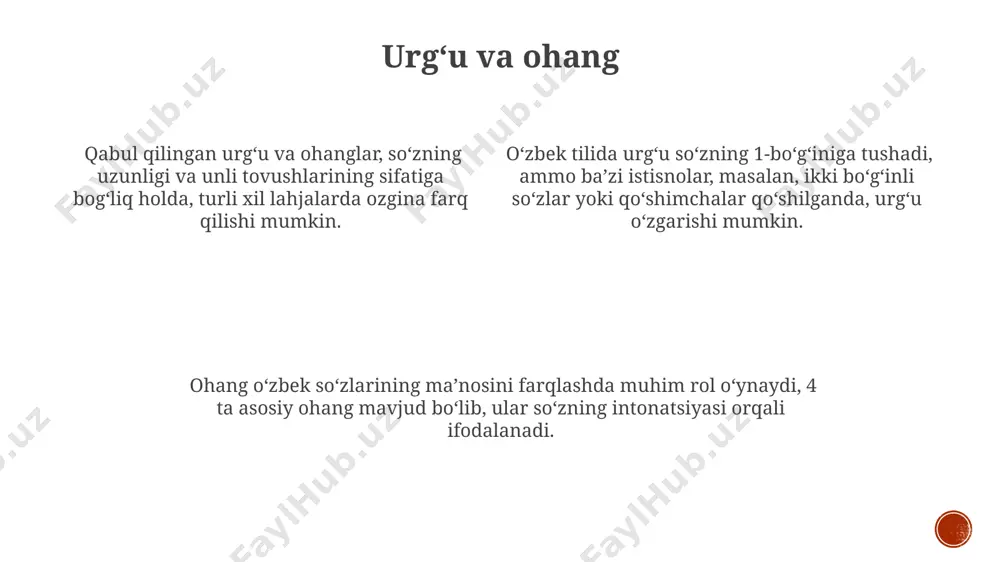 aqin hollarda jarangsiz undoshlarning jarangli undoshlar bilan almashinishini oʻz ichiga oladi. taxminan 30-40% hollarda oʻzbekcha soʻzlarning rus tilidagi transkripsiyasi morfologik tuzilishining oʻzgarishiga olib keladi, masalan, qoʻshimchalarning yoʻqolishi yoki qoʻshilishi. xalqaro transkripsiya xalqaro transkripsiya, ya'ni ipa (international phonetic alphabet), 400 dan ortiq fonetik belgilarni o'z ichiga oladi va dunyo tillarining barcha tovushlarini aniq ifodalashga mo'ljallangan. xalqaro transkripsiya, fonetika va fonologiya sohalarida keng qo'llaniladi va lingvistik tadqiqotlar, lug'atlar tuzish va til o'qitishda muhim vosita hisoblanadi. uzbek tilidagi so'zlarning xalqaro transkripsiyasida stress belgisi (´) va uzunlik belgisi (ː) kabi qo'shimcha belgilar muhim rol o'ynaydi, to'g'ri talaffuzni aniqlashda yordam beradi. undosh tovushlar oʻzbek tilida 3 ta uvular undosh tovush mavjud boʻlib, ularning talaffuzi lablarning shakli va tilning holatiga bogʻliq holda farqlanadi. ba’zi undosh tovushlar, masalan, "p", "t", "k" tovushlari aspiratsiyalanib talaffuz qilinadi, ya’ni ularni talaffuz qilishda ovoz chiqishi bilan birga havo portlashi kuzatiladi. undosh tovushlarni talaffuz qilishda, ayniqsa, 20 ta undosh tovushning 7 tasi …
