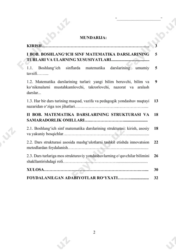 arda bilim va ko‘nikmalarini qo‘llay oladigan shaxs sifatida shakllantirishga qaratilgan. ayniqsa, matematika fani o‘quvchilarda mantiqiy fikrlash, muammoni hal qilish, tafakkurni rivojlantirish hamda izchillik va aniqlik kabi sifatlarni shakllantirishda muhim rol o‘ynaydi. shu bois boshlang‘ich sinflarda matematika ta’limining mazmuni, dars turlari va ularning strukturaviy qurilishi bugungi pedagogik faoliyatda alohida o‘rinni egallaydi. matematika darslarining har bir turi — yangi bilim beruvchi, bilim va ko‘nikmalarni mustahkamlovchi, nazorat qiluvchi, takrorlovchi yoki aralash darslar — o‘zining didaktik vazifalari va metodik yondashuvlariga ega. dars strukturasining to‘g‘ri tashkil etilishi esa ta’lim samaradorligiga bevosita ta’sir ko‘rsatadi. shu nuqtayi nazardan olib qaraganda, darsning har bir bosqichi (kirish, asosiy, yakuniy) didaktik tamoyillar asosida puxta rejalashtirilgan bo‘lishi, zamonaviy metodlardan foydalanishga asoslangan holda o‘quvchilarning faol ishtirokini ta’minlashi zarur. boshlang‘ich sinfda dars turlarining maqsadga muvofiq tanlanishi va ularning tarkibiy qismlarini ilmiy-pedagogik asosda qurilishi orqali o‘quvchilarda chuqur va mustahkam bilimlar shakllanadi. boshlang‘ich ta’lim bosqichi — bu o‘quvchilarni umumiy bilim olishga, fanlarga nisbatan ijobiy munosabatni …