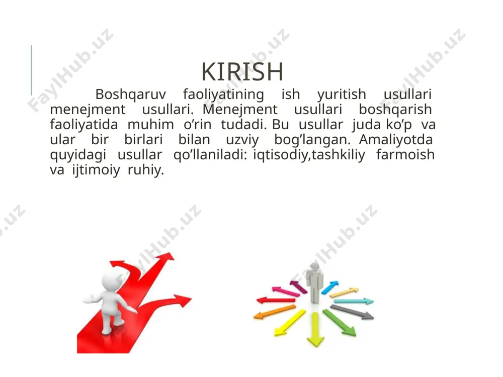 ilan ijtimoiy va huquqiy meyorlar ilg’or ahloq shakilari amalga oshiriladi. umuminsoniy ahloq etikasi va huquqlari etika me’yorlari sistemasida o’z aksini topadi va uni bajarilishi hamma uchun majburdir. boshqarishda rahbar hodimning hamma qirralarini o’rganishi lozim rahbar go’yokiy katta ansambilini boshqaruvchi dirijerga o’hshaydi. dirijyor har bir cholg’uchini bilishi kerak. tekshirishlar shuni ko’rsatadiki, hodimlarning ishdan bo’shatilishining 27-28% aynan ijtimoiy masalalar bilan bog’liq. shuning uchun hodimga shunday sharoitlar yaratish kerakki, u korxonani o’z uyi deb bilsin. rahbar uslubi tushinchasi. boshqarish uslubi - bu rahbarning boshqaruv jarayonida qo’laydigan barcha eng yahshi chidamliy, bardoshliy, usulr yiqindisidir. birhil odamlar bo’lmaganidek masalalarni turi ko’p va ularni hal etish ham turlicha bo’ladi rahbar oziga hos, usul va uslubda ish yuritishi lozim. e’tiboringiz uchun rahmat! fazliddi the end image3.jpeg image4.jpeg image5.jpeg image6.jpeg image7.jpeg image8.jpeg image9.jpeg image10.jpeg image11.jpeg image12.jpeg image13.jpeg /docprops/thumbnail.jpeg