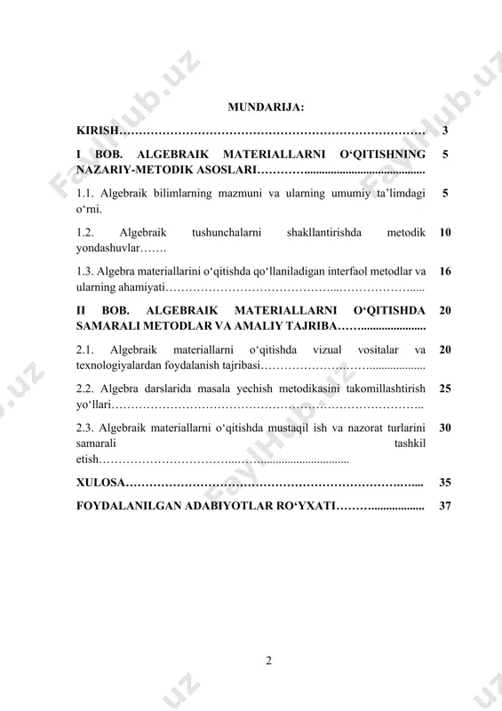iy poydevor bo‘lib xizmat qiladi. shu sababli algebraik materiallarni o‘qitish metodikasini ilmiy asosda tashkil etish, zamonaviy pedagogik texnologiyalar bilan boyitish va o‘quvchilarning bilimlarini mustahkamlash bugungi ta’lim tizimida dolzarb masalalardan biri hisoblanadi. algebra kursida o‘quvchilarga elementar tushunchalarni berishdan tortib, murakkabroq masala va amaliy vazifalargacha bo‘lgan jarayon bosqichma-bosqich amalga oshiriladi. bu jarayonda o‘qituvchi oldida nafaqat bilimlarni yetkazish, balki o‘quvchilarni mantiqiy tahlil qilish, umumlashtirish, qiyoslash va xulosalash kabi ko‘nikmalarni rivojlantirish vazifasi ham turadi. shu bilan birga, algebra darslarida masalalarni yechish metodikasini takomillashtirish, vizual vositalardan foydalanish, mustaqil ishlarni samarali tashkil etish kabi masalalar metodikaning muhim yo‘nalishlaridan sanaladi. kurs ishining dolzarbligi - mamlakatimiz ta’lim tizimida matematika faniga, xususan, algebra kursiga alohida e’tibor qaratilmoqda. algebra o‘quvchilarning mantiqiy va ijodiy tafakkurini rivojlantiradi, ularda mustaqil fikrlash, tahlil qilish, umumlashtirish, xulosa chiqarish kabi ko‘nikmalarni shakllantiradi. algebraik bilimlar matematikaning nazariy poydevorini tashkil etib, boshqa tabiiy va ijtimoiy fanlarni o‘zlashtirish uchun zarur asos bo‘lib xizmat qiladi. bugungi kunda fan-texnika taraqqiyoti va …