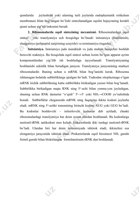 hi komponentlariga kirmaydi. oqsilli faktorlar mrnkning kichik subbirlik va gtf bilan bog’lanishini yengillashtiradi. bu birlamchi kompleks (initsiatsiya faktorlari – kichik subbirlik – mrnk – gtf) ga katta subbirlik birikadi va shundan so’ng initsiatsiya faktorlari ribosomadan ajralib chiqadi. subbirliklarning birikishi uchun kerak bo’lgan energiya gtf ning gidrolizi natijasida hosil bo’ladi. hosil bo’lgan initsiator kompleksi (mrnk, ribosoma va metionil-trnk) elongatsiyaga tayyor. metionil-trnk o’zining antikodoni bilan mrnk ning aug kodoni bilan o’ziga xos juftlashadi, ya’ni mrnk ga vodorod bog’lari bilan “osilib qolgan”ga o’xshaydi, aminokislota joylashgan aktseptor uchi esa ribosomaning katta subbirligiga yopishgan bo’ladi. elongatsiya. polipeptid sintezi har doim n-uchidan boshlanadi va c-uchi bilan tugaydi. polipeptid zanzirining bir aminokislotaga o’sishi uch qadamda amalga oshadi: 1) aminoatsil-trnk ning bog’lanishi; 2) transpeptidatsiya (peptid bog’ining hosil bo’lishi); 3) translokatsiya (mrnk ning bitta tripletga siljishi) birinchi qadam. ribosomaning chap tomonida trnk joylashgan bo’lib, u antikodoni bilan mrnk ning kodoniga, aktseptor qismi esa o’suvchi peptidga bog’langan bo’ladi. peptidil-trnk ga …